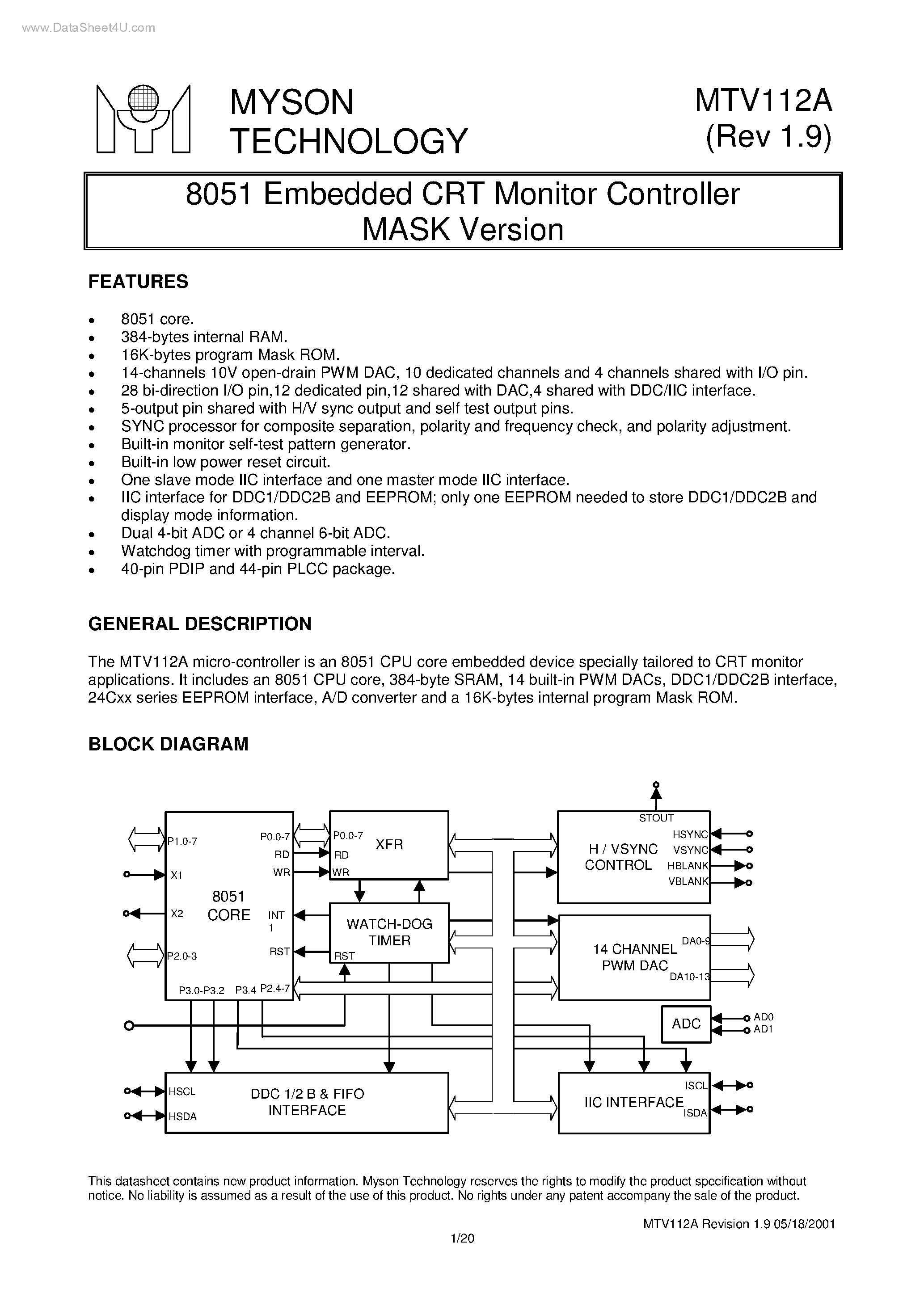 Даташит на микросхему MTV112A страница 1 Даташит MTV112A - 8051 Embedded CRT Monitor Controller MASK Version страница 1