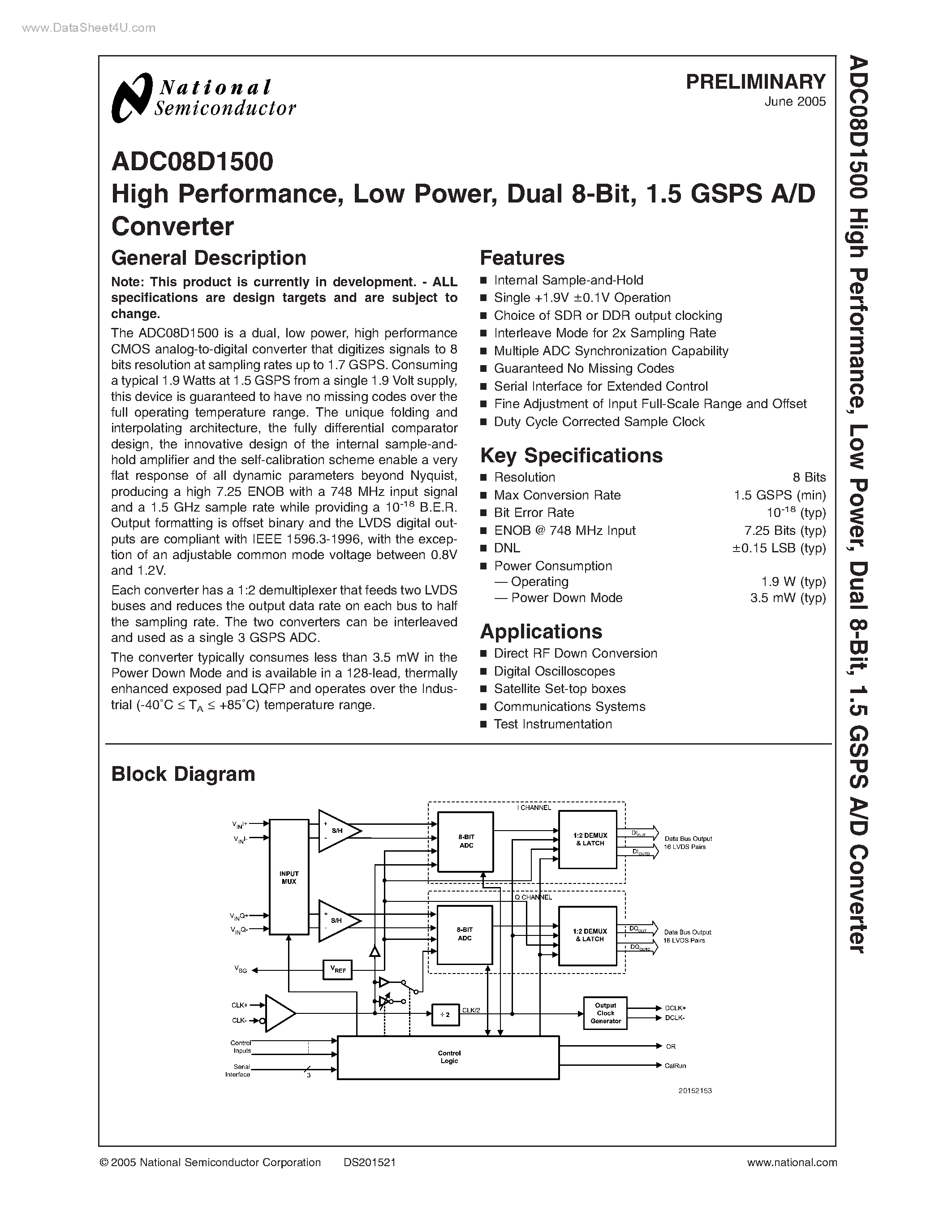 Datasheet ADC08D1500 - A/D Converter page 1
