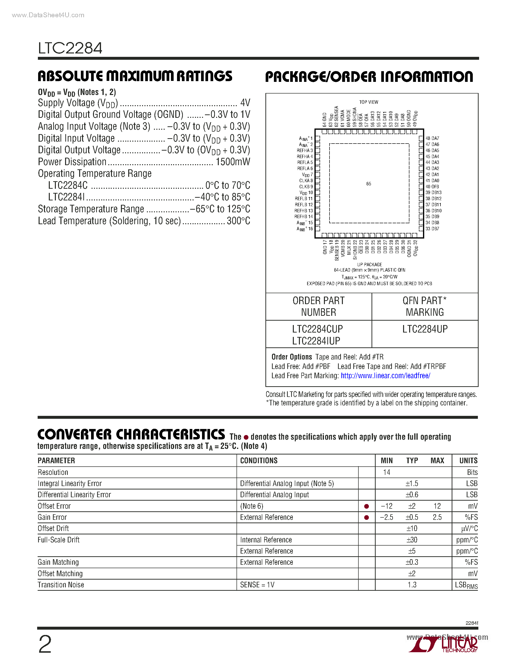 Datasheet LTC2284 - 105Msps Low Power 3V ADC page 2