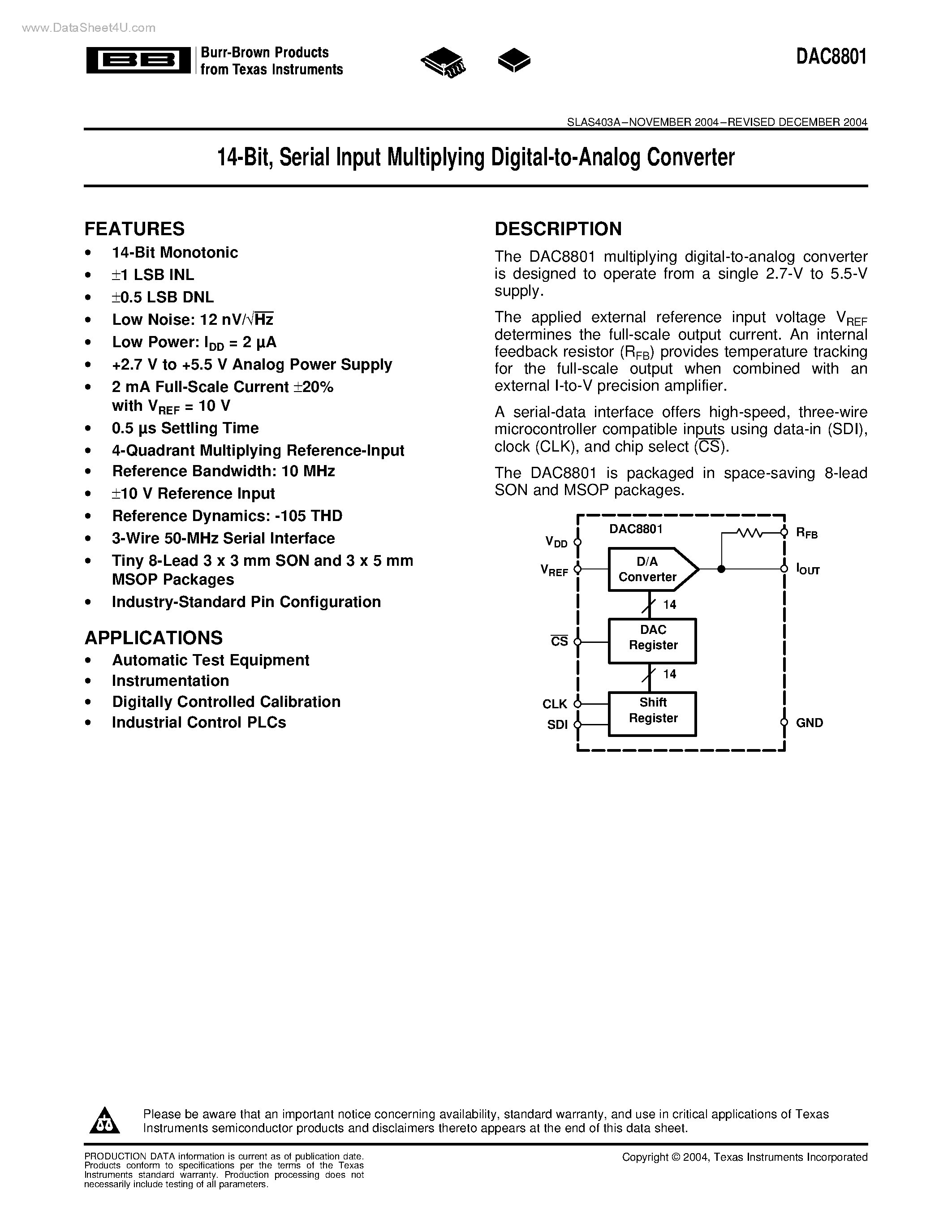 Datasheet DAC8801 - Serial Input Multiplying Digital-to-Analog Converter page 1