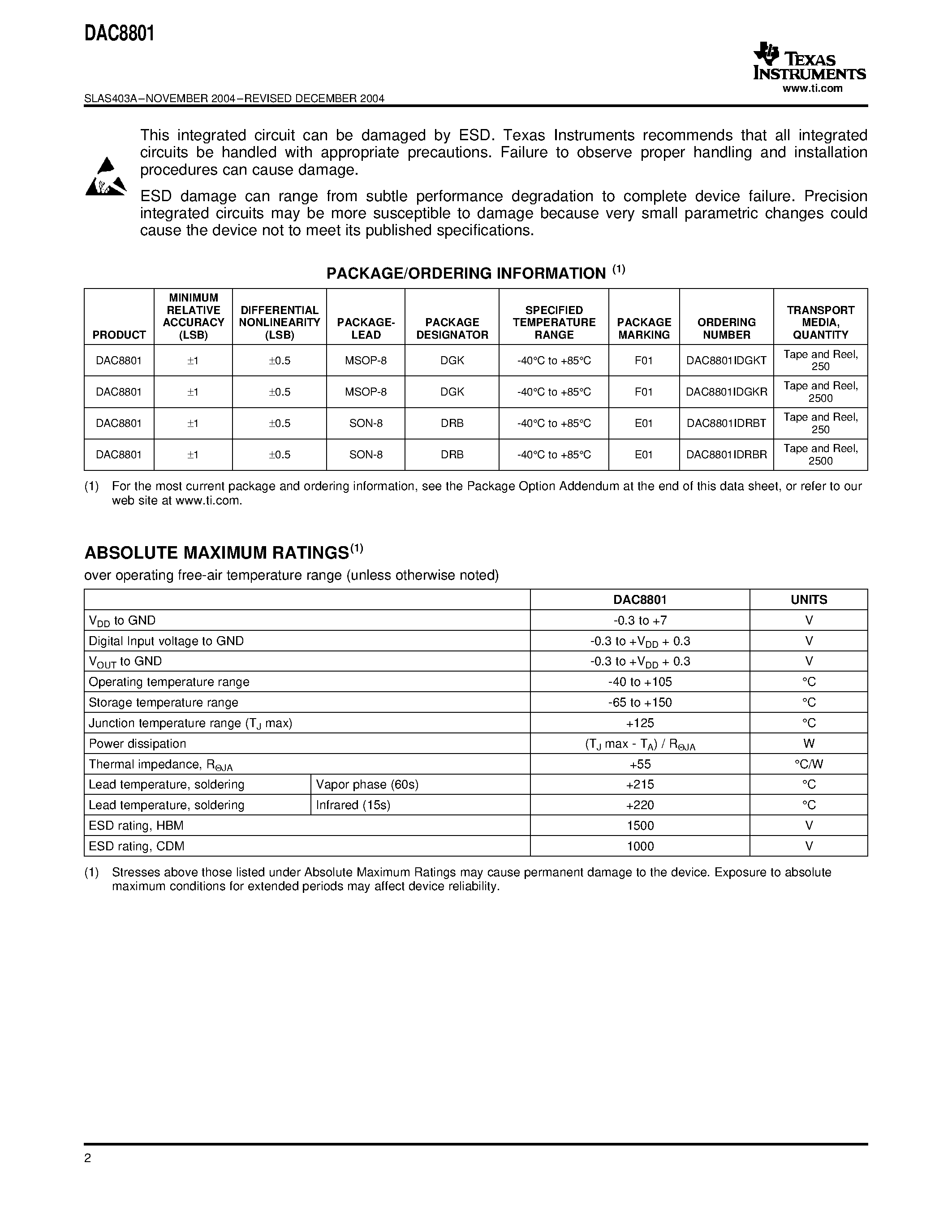 Datasheet DAC8801 - Serial Input Multiplying Digital-to-Analog Converter page 2