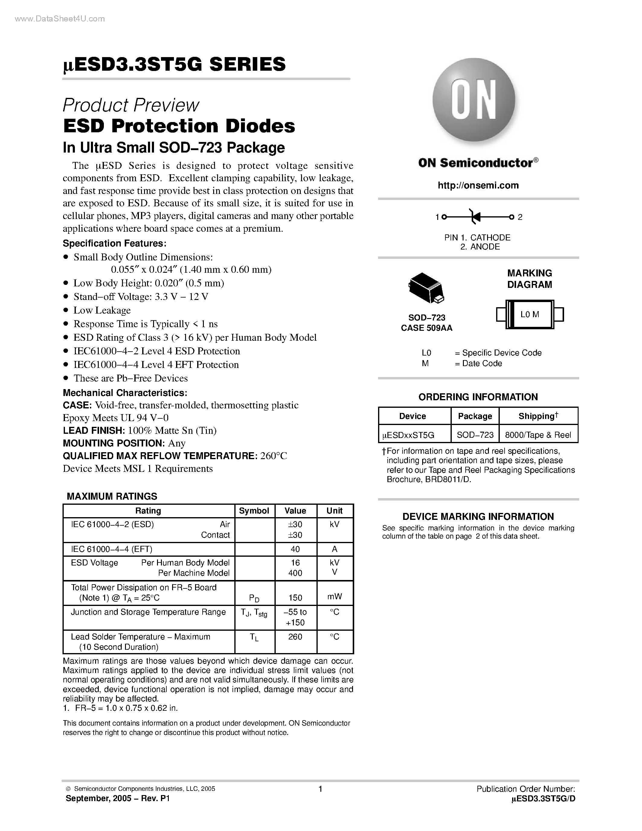 Даташит UESD3.3ST5G - ESD Protection Diodes страница 1