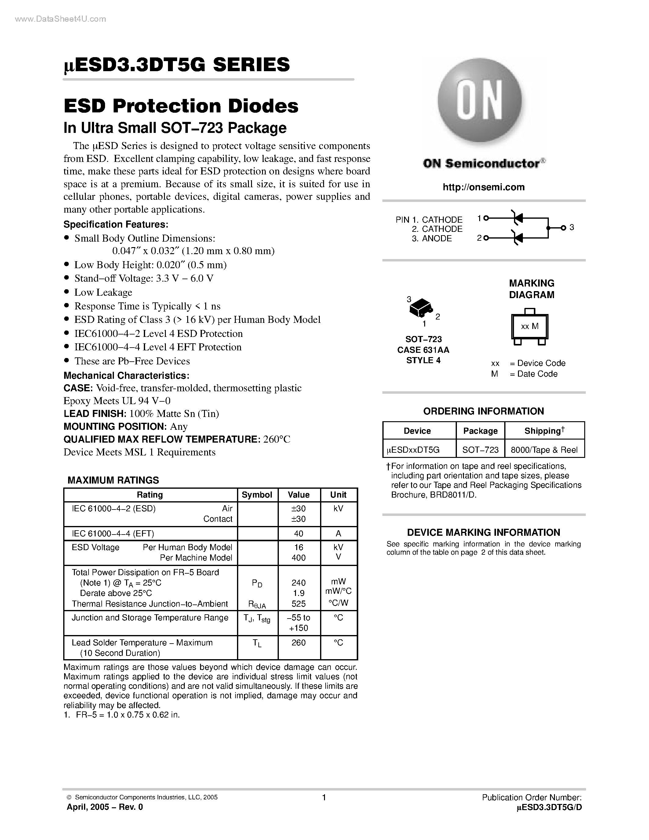 Даташит на микросхему UESD3.3DT5G страница 1 Даташит UESD3.3DT5G - ESD Protection Diodes страница 1