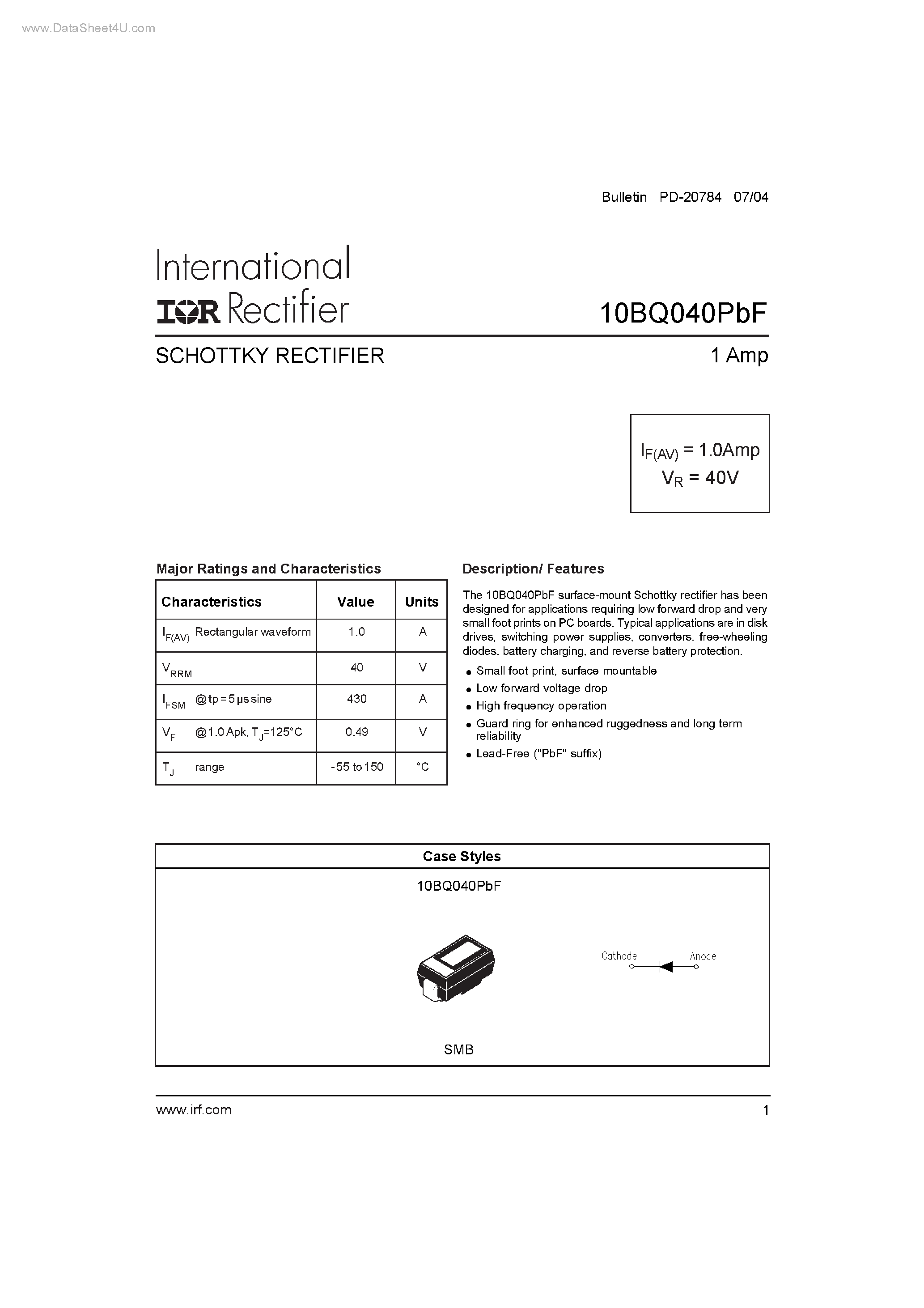 Datasheet 10BQ040PBF - SCHOTTKY RECTIFIER page 1