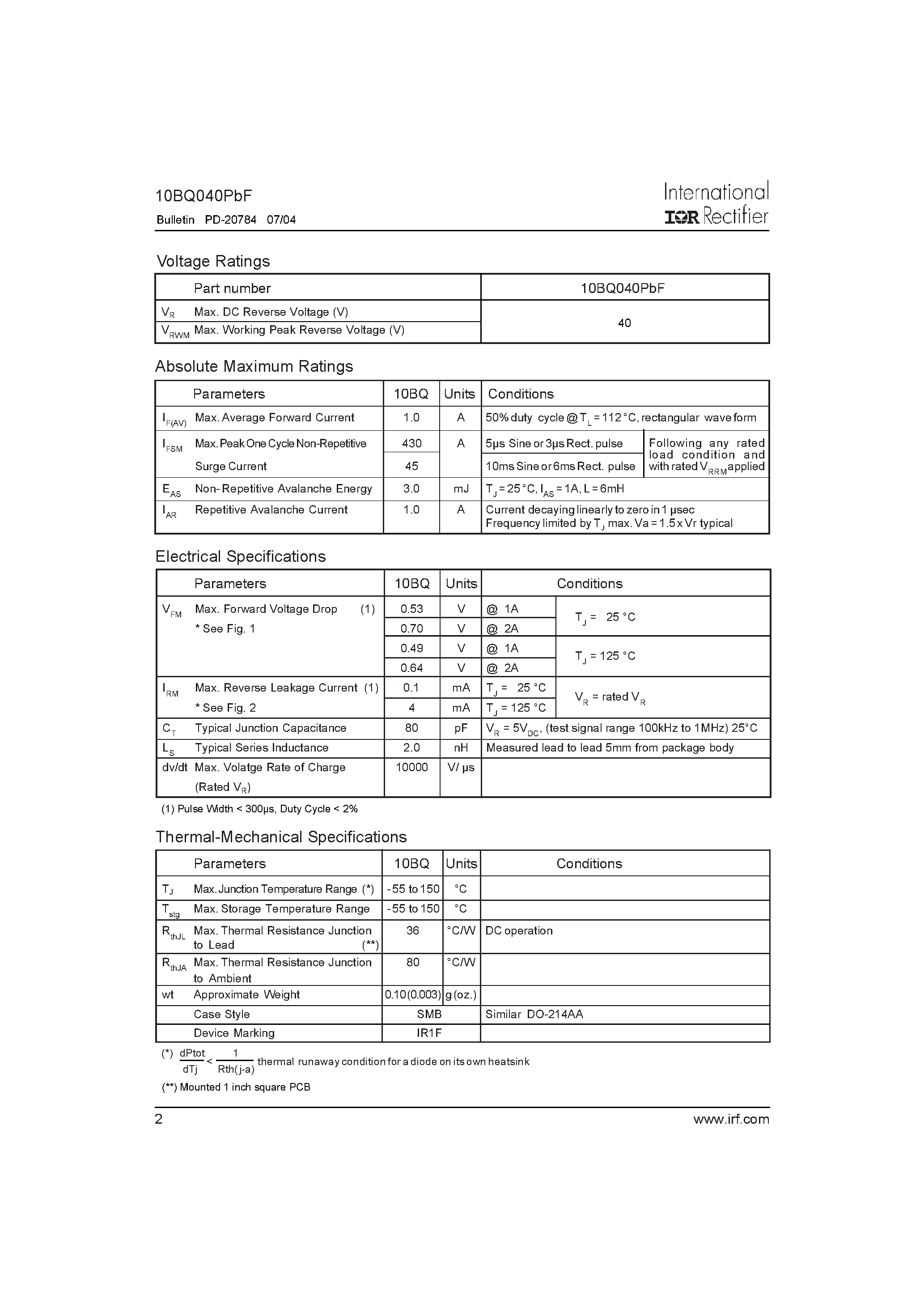 Datasheet 10BQ040PBF - SCHOTTKY RECTIFIER page 2