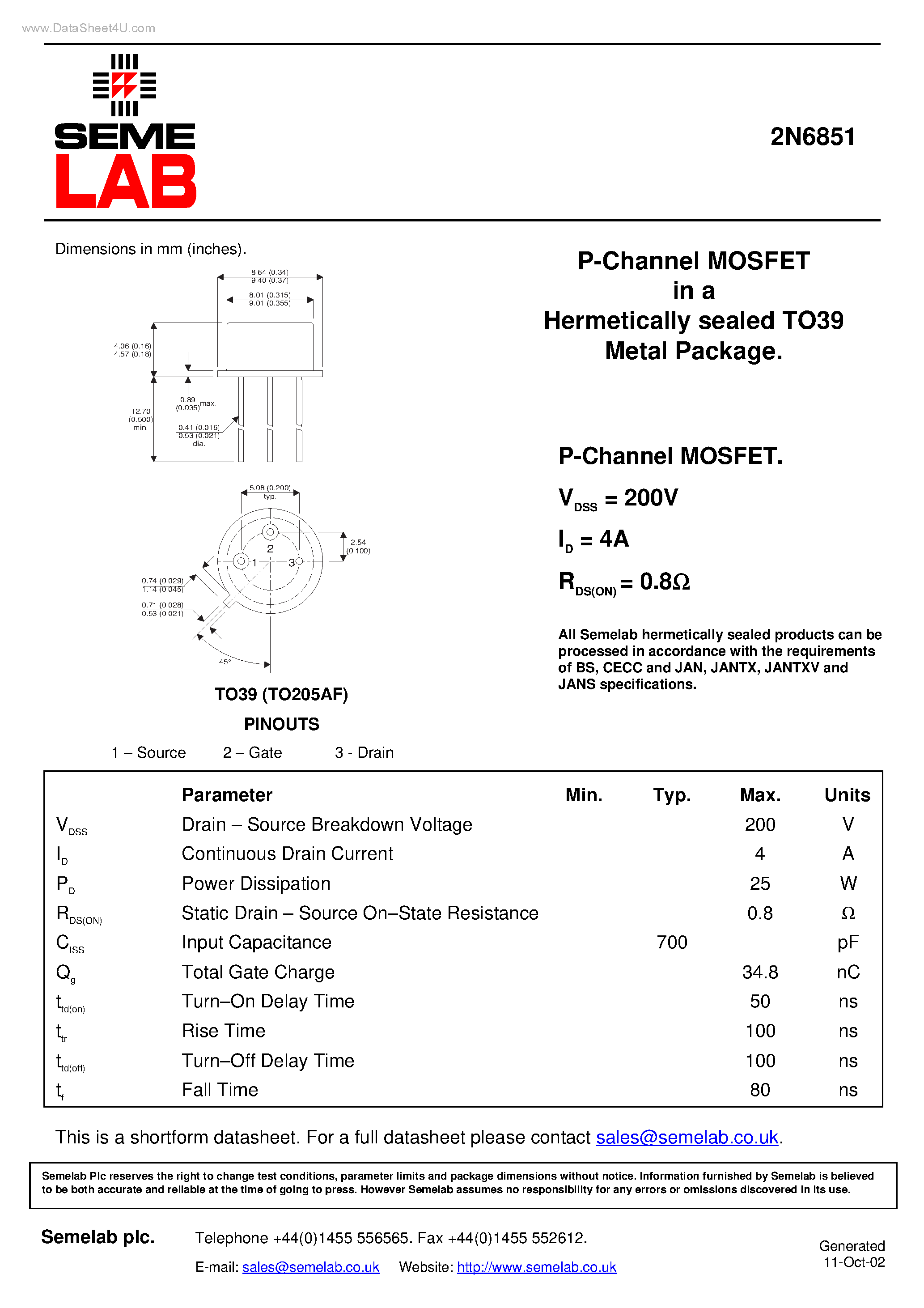 Datasheet 2N6851 - P-Channel MOSFET page 1