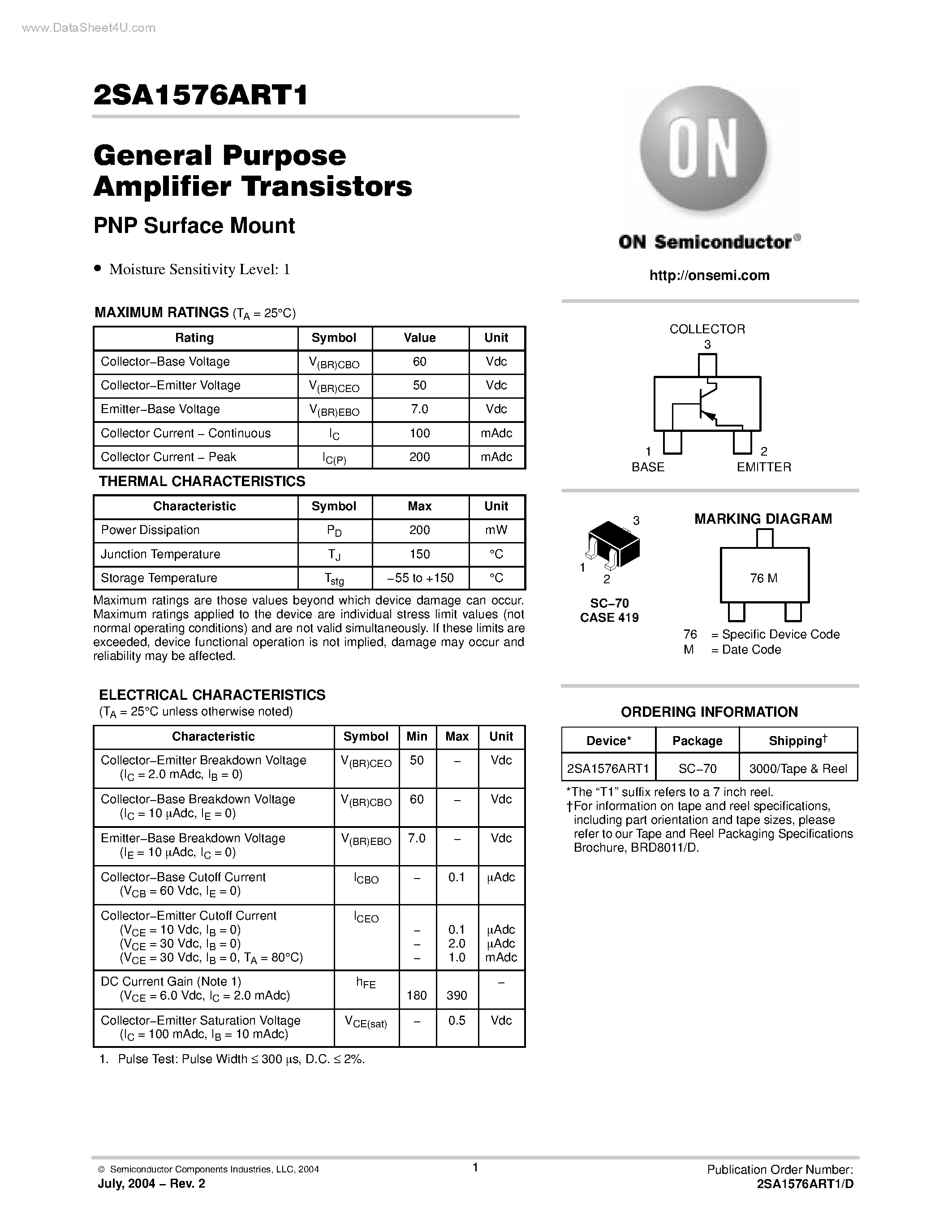 Datasheet 2SA1576ART1 - General Purpose Amplifier Transistors page 1
