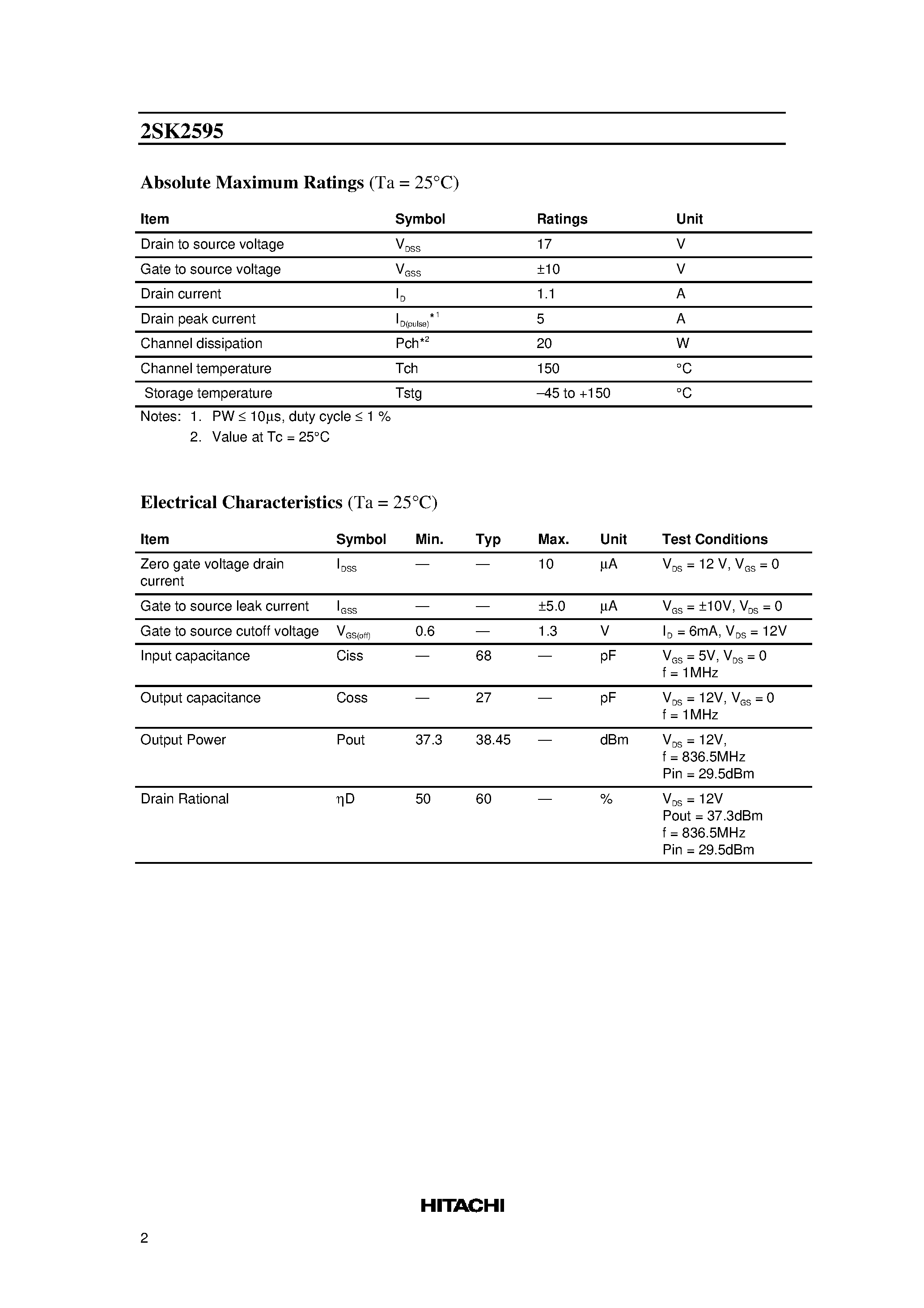 Даташит на микросхему 2SK2595 страница 2 Даташит 2SK2595 - Silicon N-Channel MOS FET UHF Power Amplifier страница 2
