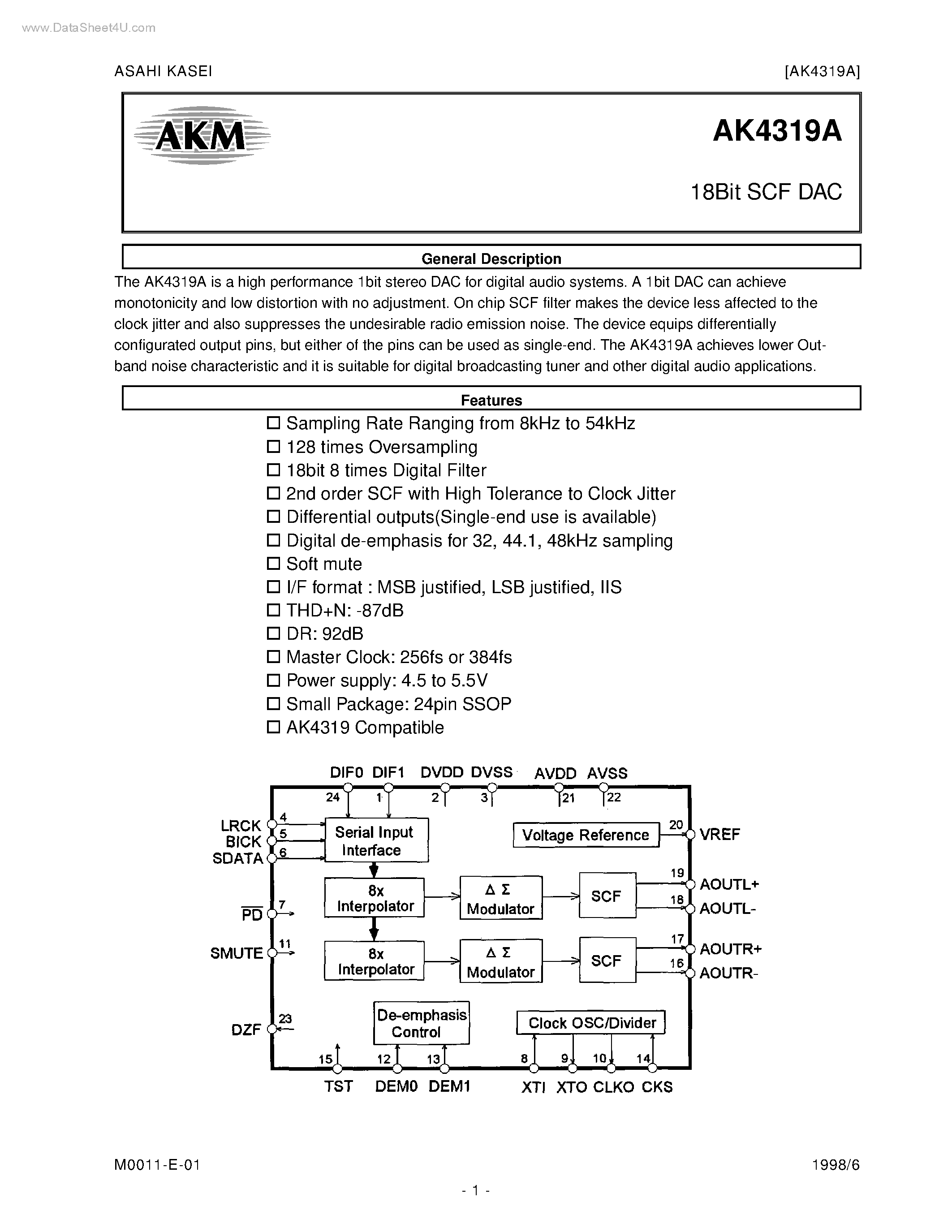 Datasheet AK4319A - 18Bit SCF DAC page 1