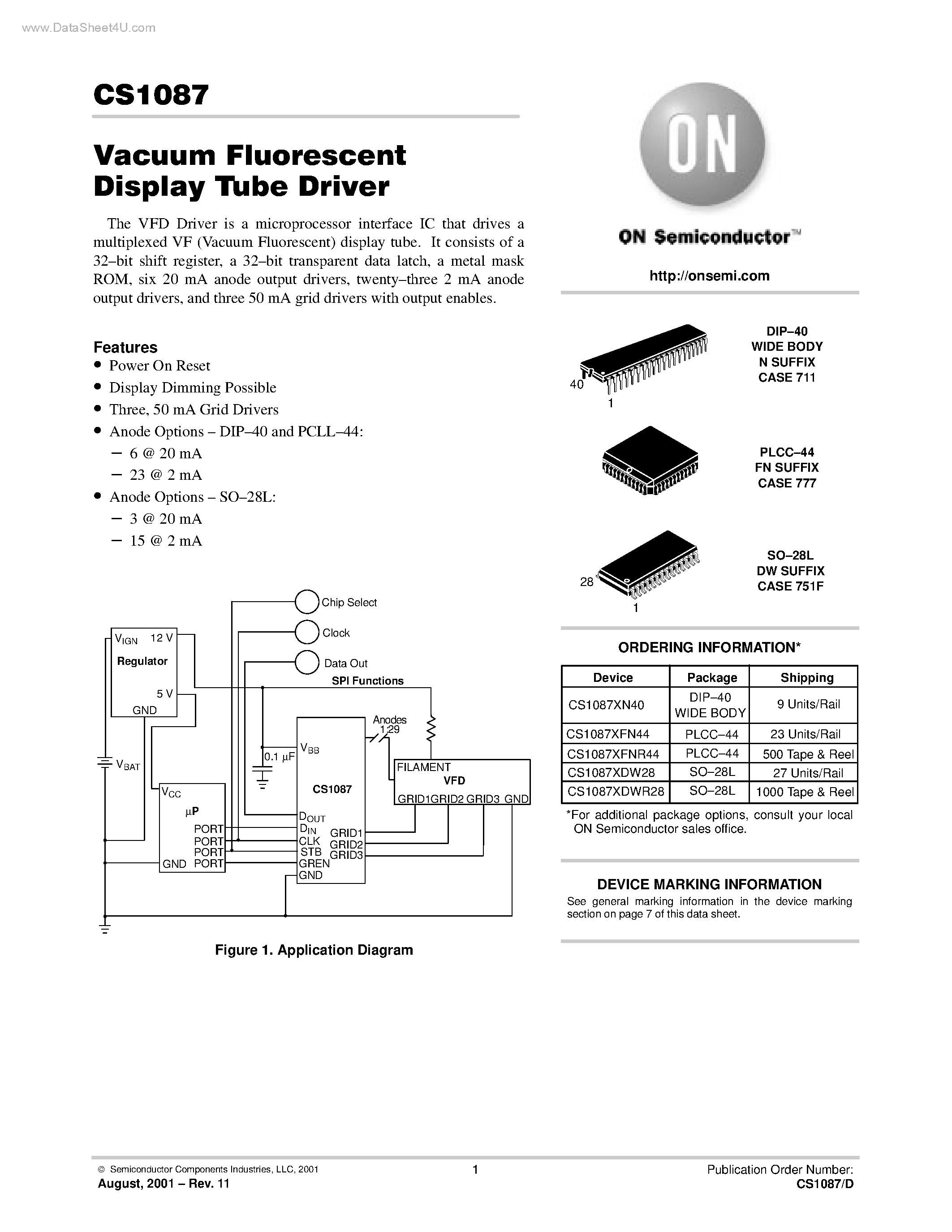 Datasheet CS1087 page 1 Datasheet CS1087 - Vacuum Fluorescent Display Tube Driver page 1