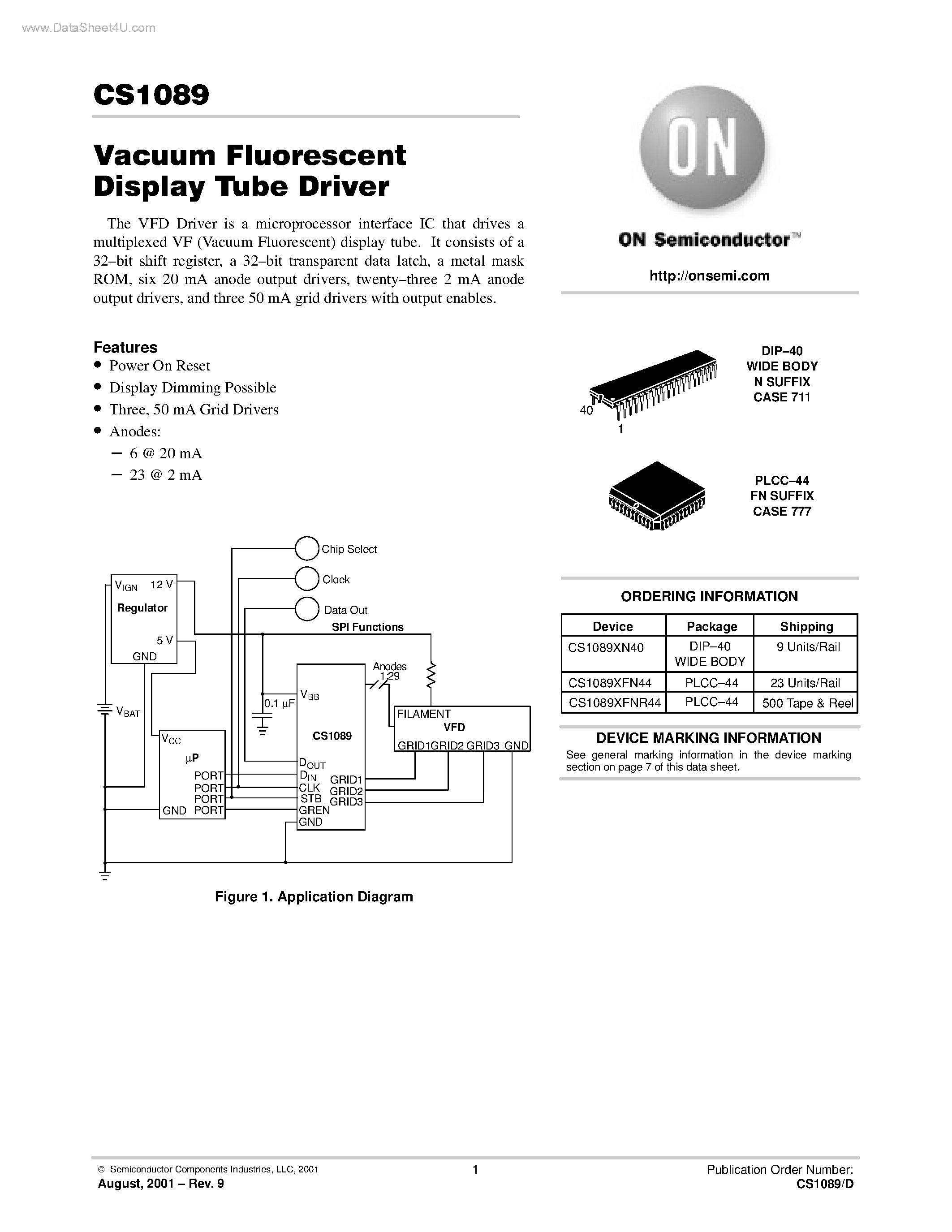 Datasheet CS1089 page 1 Datasheet CS1089 - Vacuum Fluorescent Display Tube Driver page 1