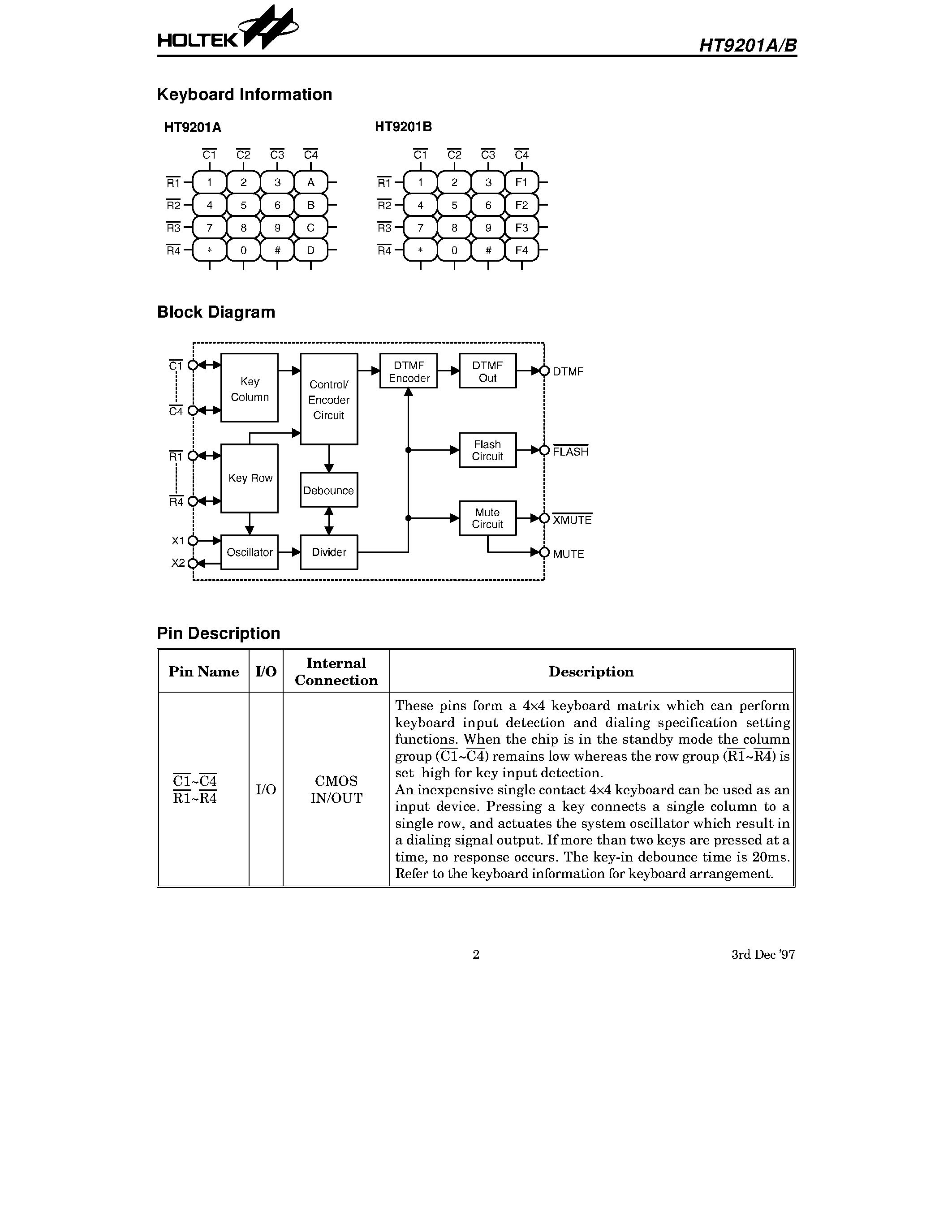 Datasheet HT9201A page 2 Datasheet HT9201A - (HT9201A/B) Simple Tone Dialer page 2
