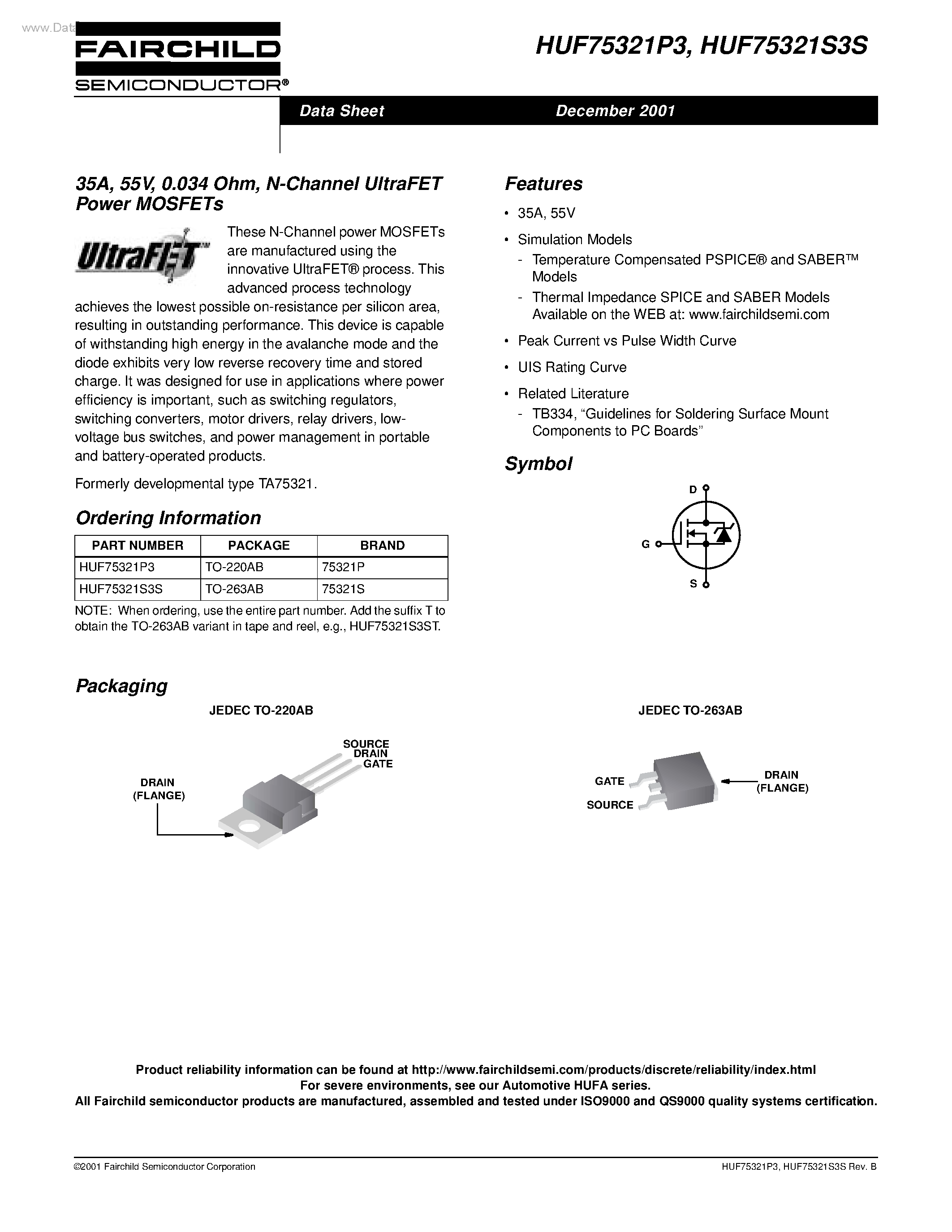 Datasheet HUF75321P3 - (HUF75321P3 / HUF75321S3S) N-Channel UltraFET Power MOSFETs page 1