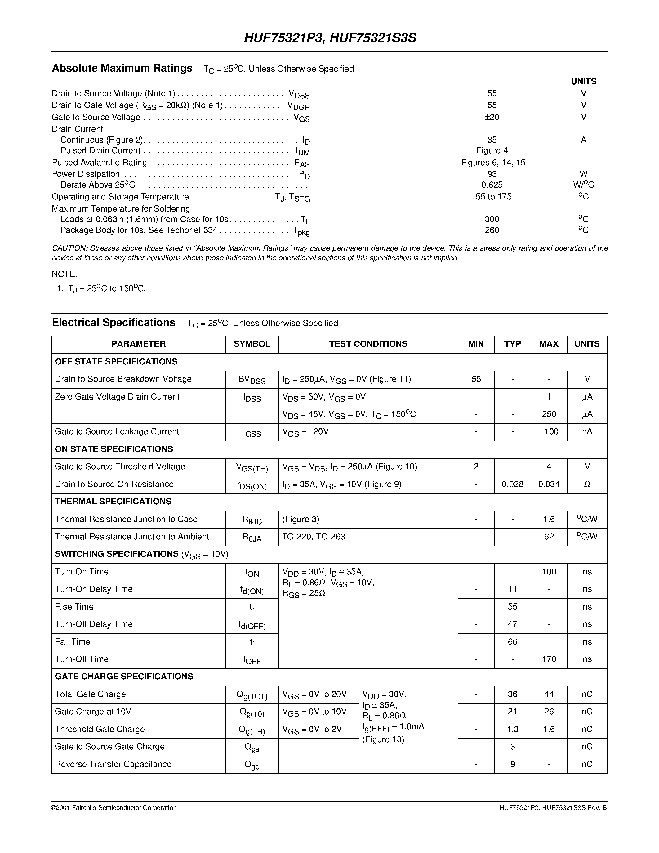 Datasheet HUF75321P3 - (HUF75321P3 / HUF75321S3S) N-Channel UltraFET Power MOSFETs page 2