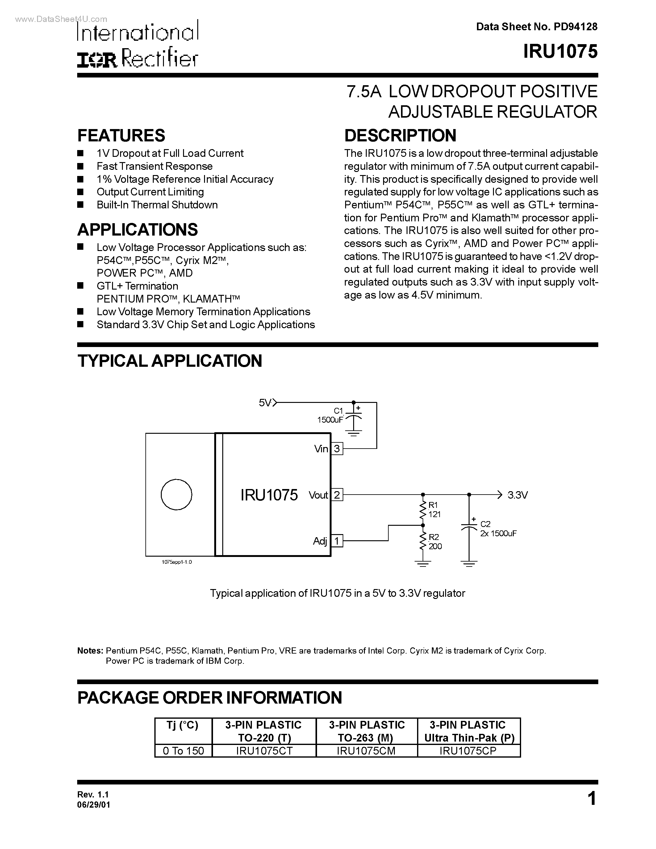Datasheet IRU1075 - 7.5A LOW DROPOUT POSITIVE ADJUSTABLE REGULATOR page 1