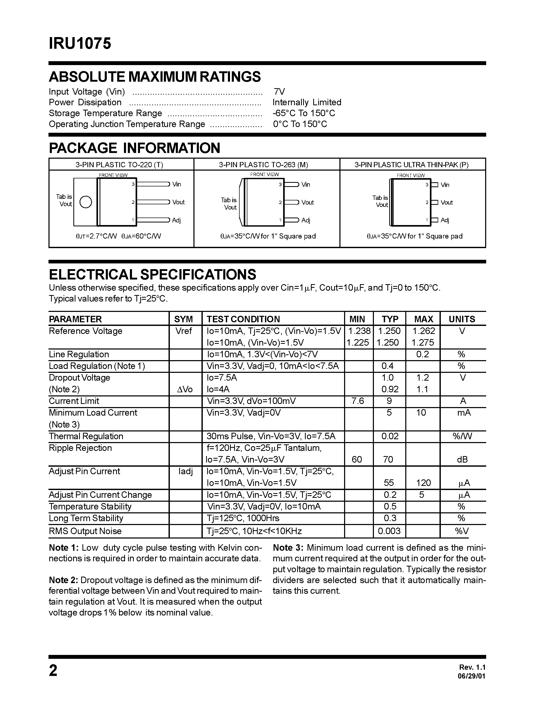 Datasheet IRU1075 - 7.5A LOW DROPOUT POSITIVE ADJUSTABLE REGULATOR page 2