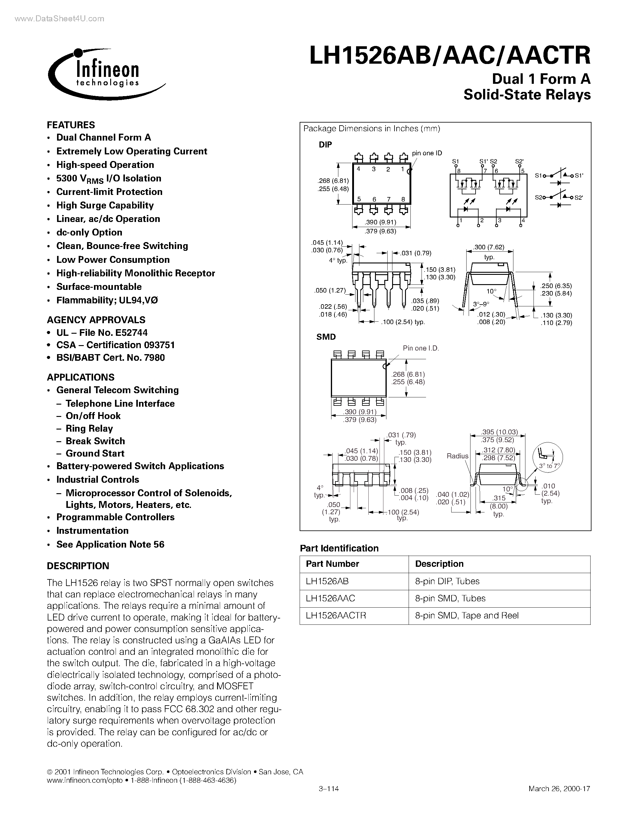 Datasheet LH1526AAC page 1 Datasheet LH1526AAC - (LH1526) Dual 1 Form A Solid-State Relays page 1