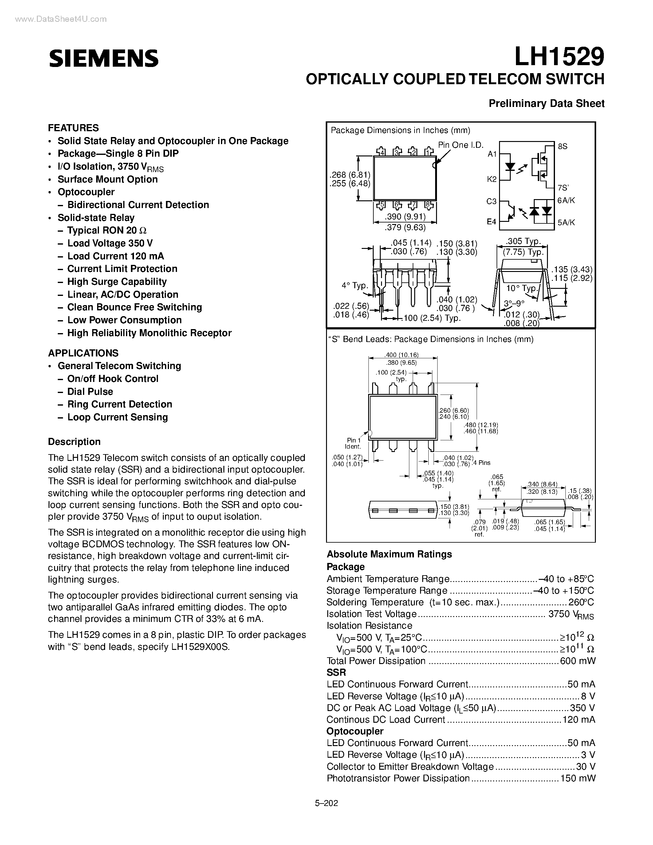 Datasheet LH1529 page 1 Datasheet LH1529 - OPTICALLY COUPLED TELECOM SWITCH page 1