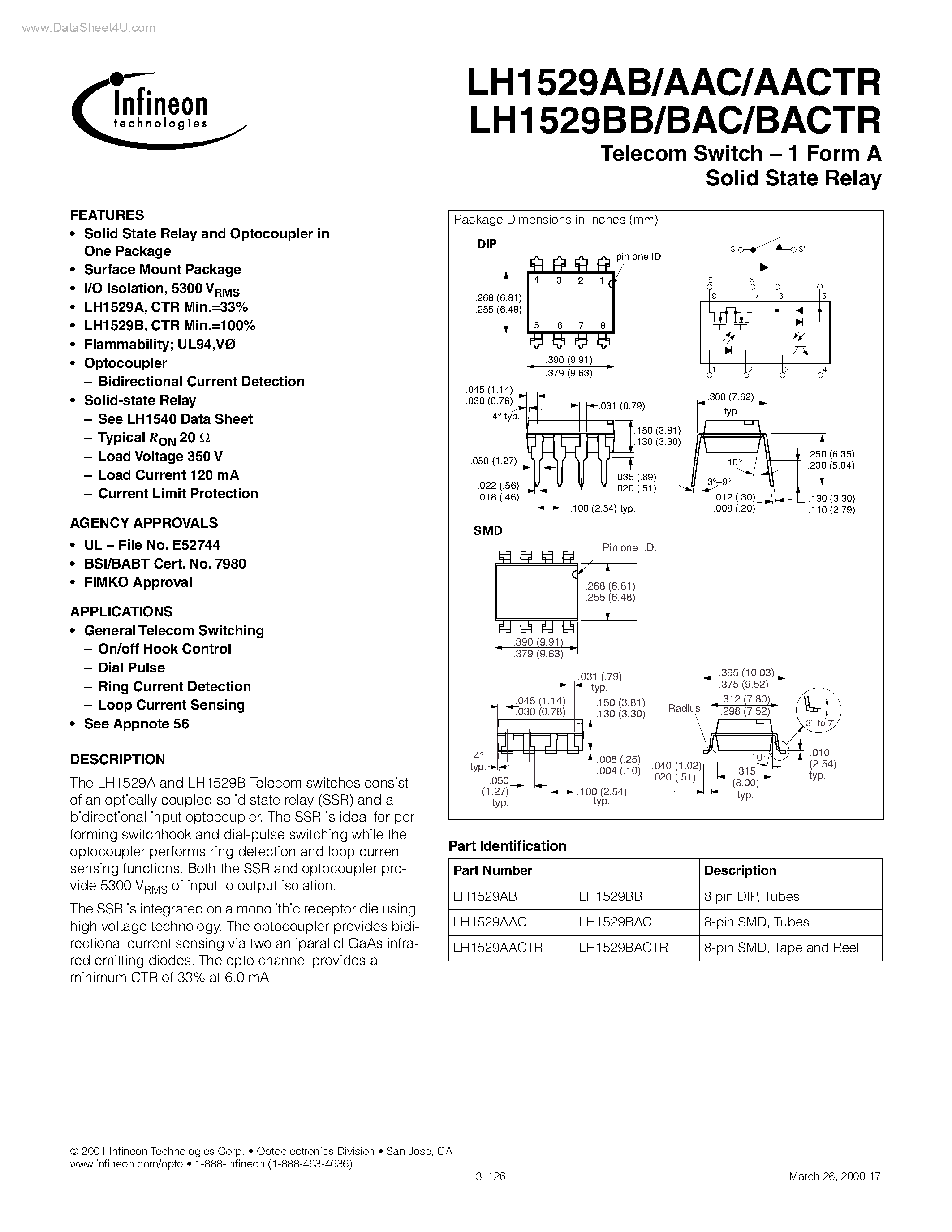 Datasheet LH1529AACTR - (LH1529) Telecom Switch - 1 Form A Solid State Relay page 1