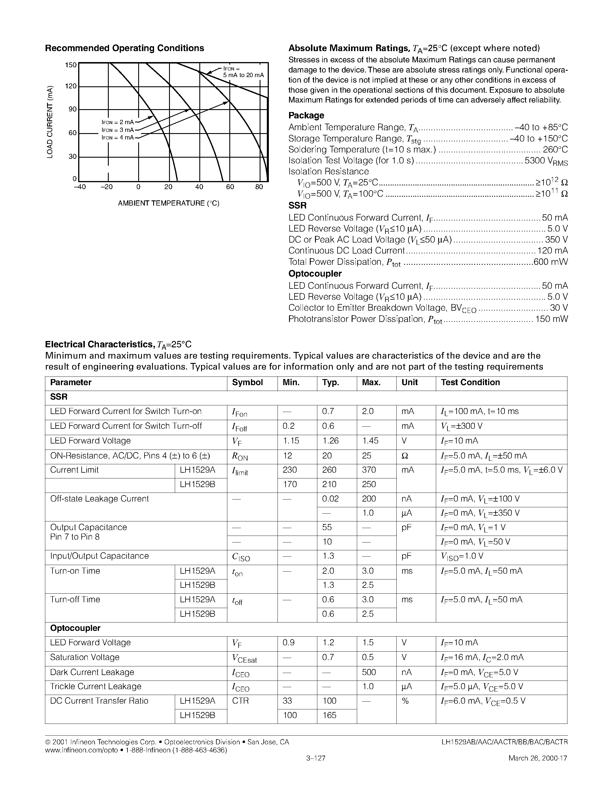 Datasheet LH1529AACTR - (LH1529) Telecom Switch - 1 Form A Solid State Relay page 2