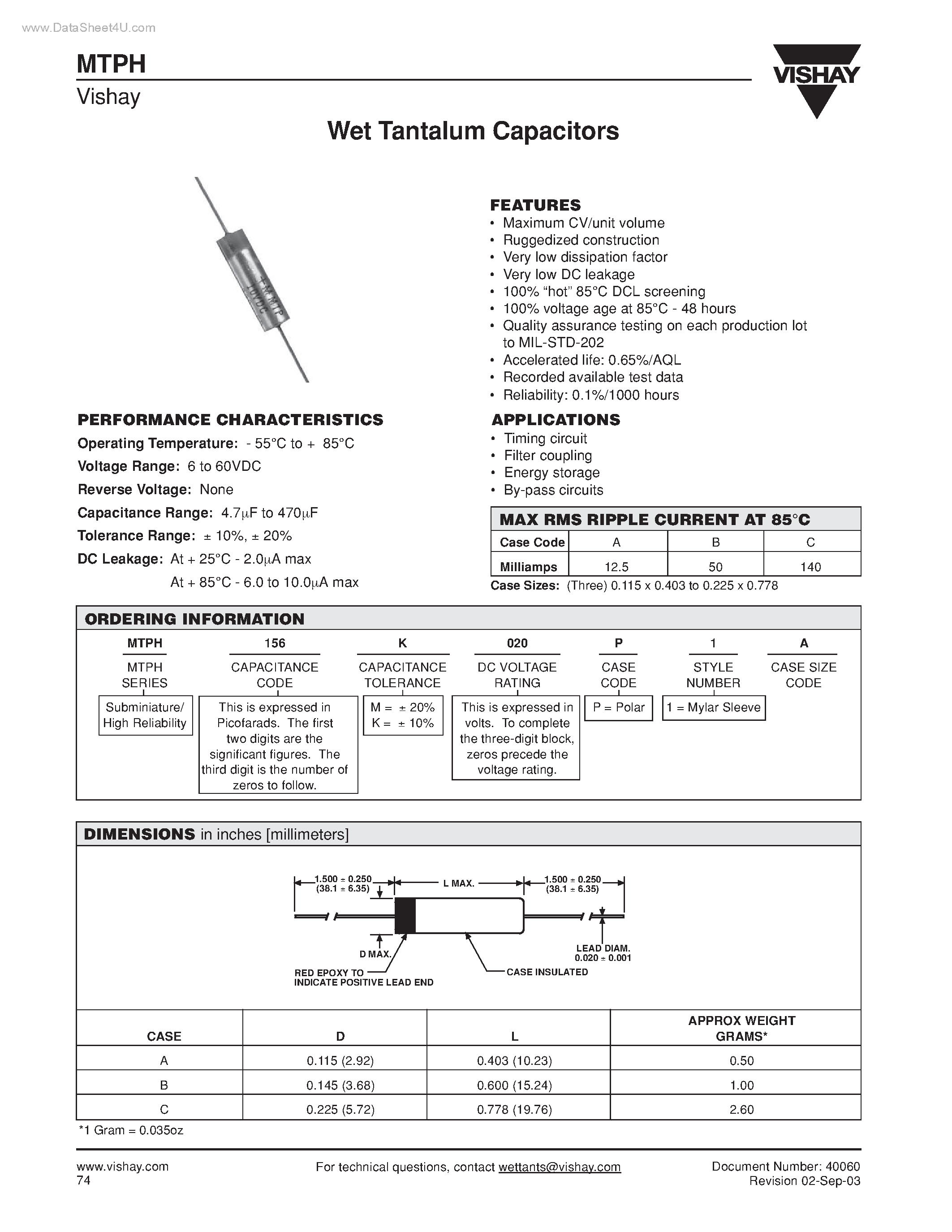 Datasheet MTPH - Wet Tantalum Capacitors page 1
