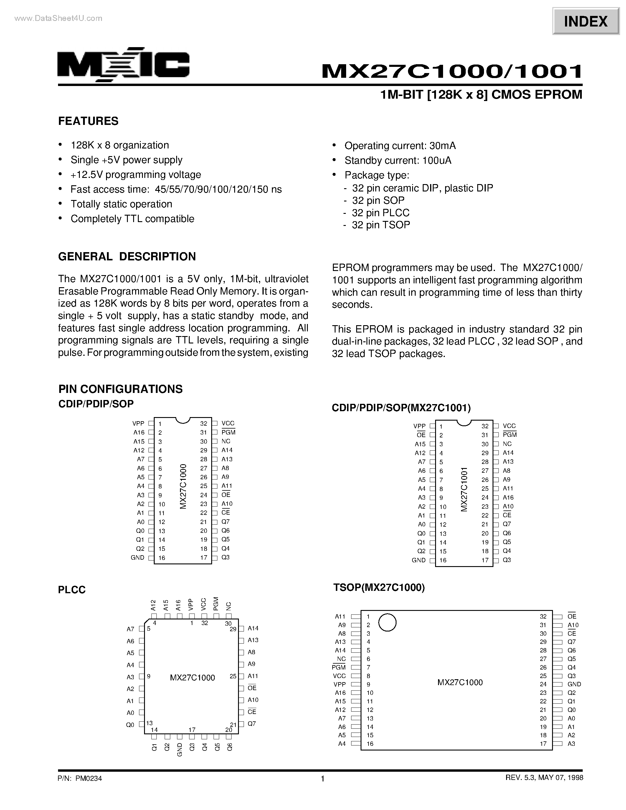 Datasheet MX27C1000 - (MX27C1000 / MX27C1001) 1M-BIT [128K x 8] CMOS EPROM page 1