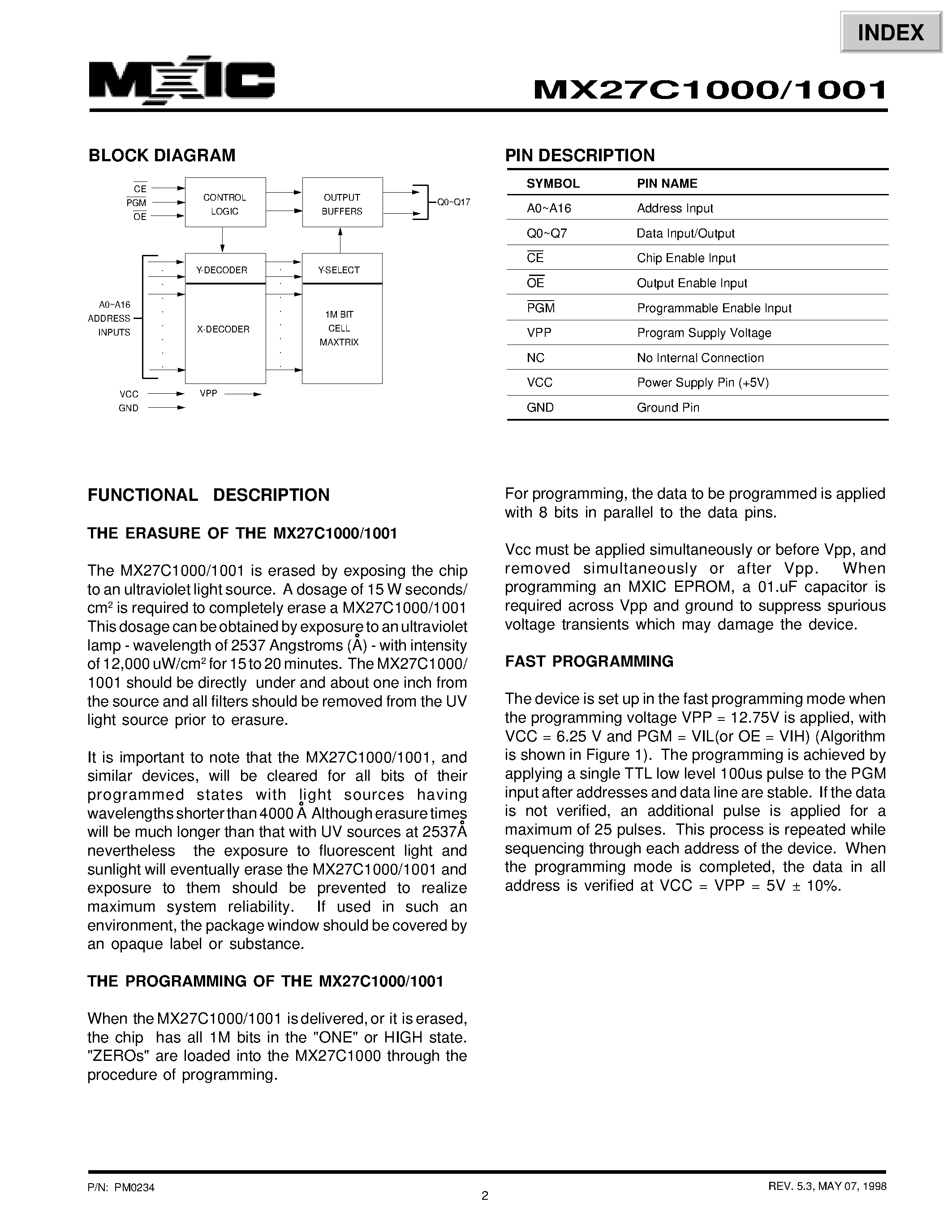 Datasheet MX27C1000 - (MX27C1000 / MX27C1001) 1M-BIT [128K x 8] CMOS EPROM page 2