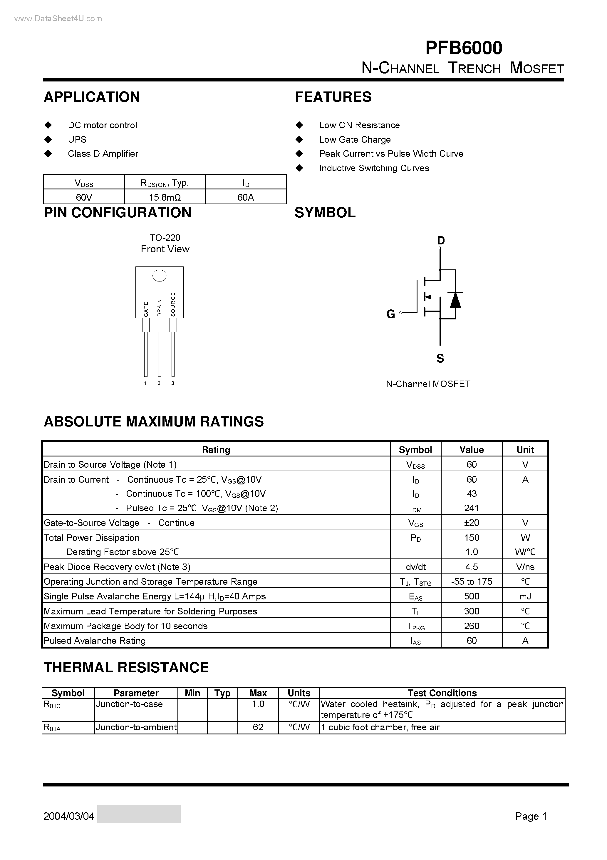 Datasheet PFB6000 - N-CHANNEL TRENCH MOSFET page 1