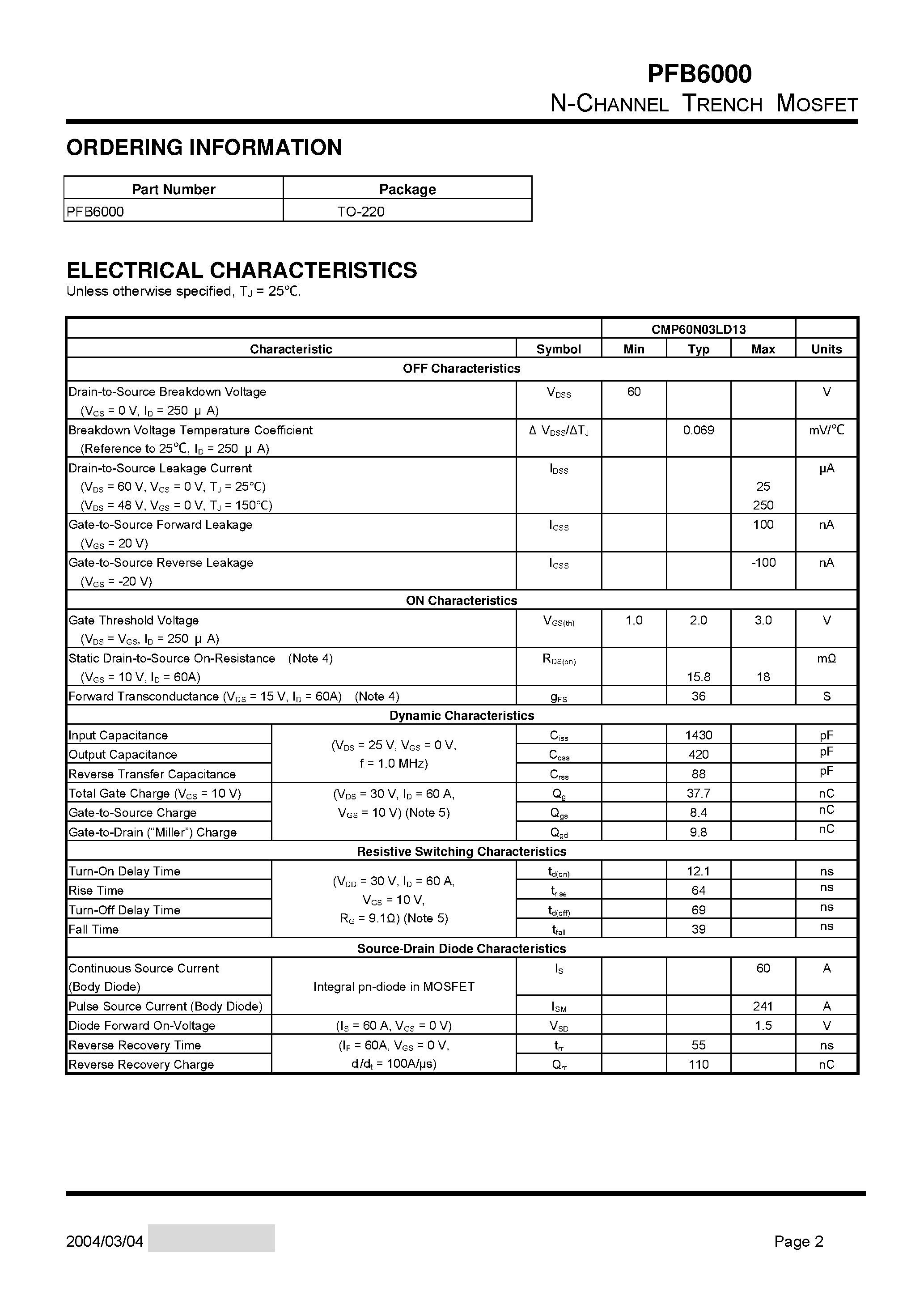 Datasheet PFB6000 - N-CHANNEL TRENCH MOSFET page 2