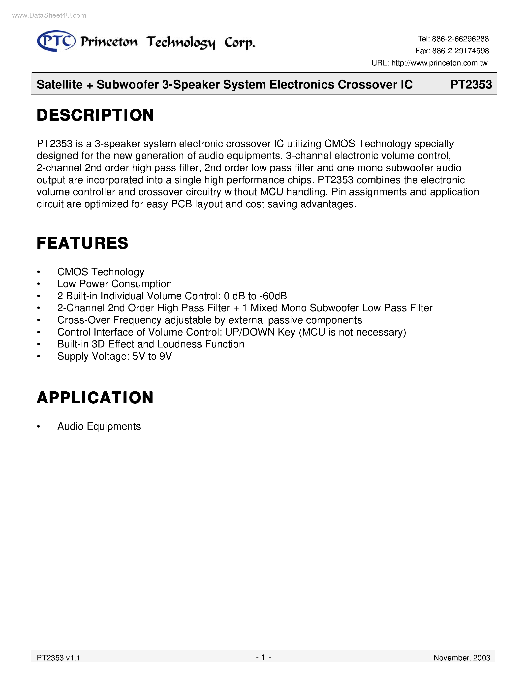 Datasheet PT2353 - Satellite + Subwoofer 3-Speaker System Electronics Crossover IC page 1