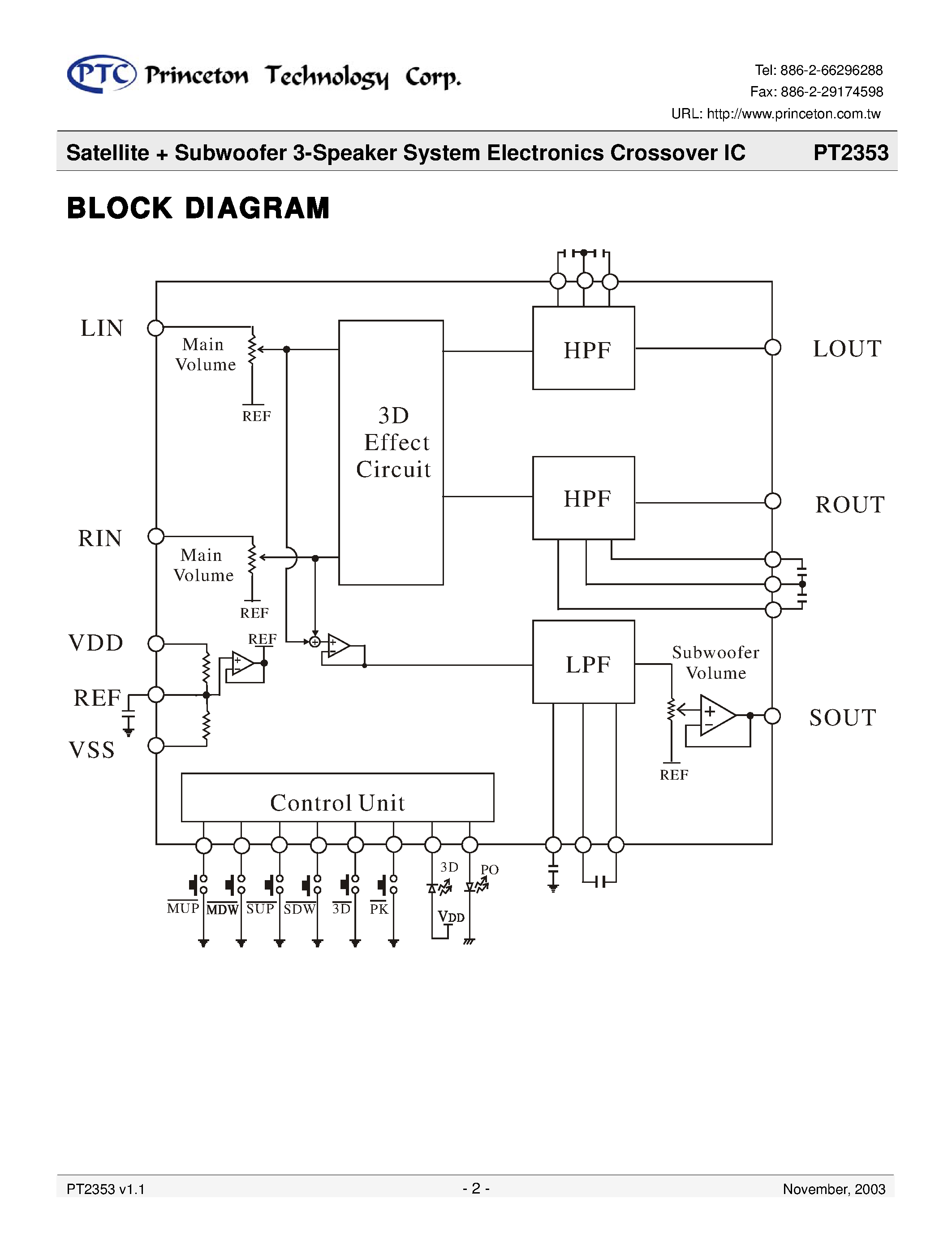 Datasheet PT2353 - Satellite + Subwoofer 3-Speaker System Electronics Crossover IC page 2