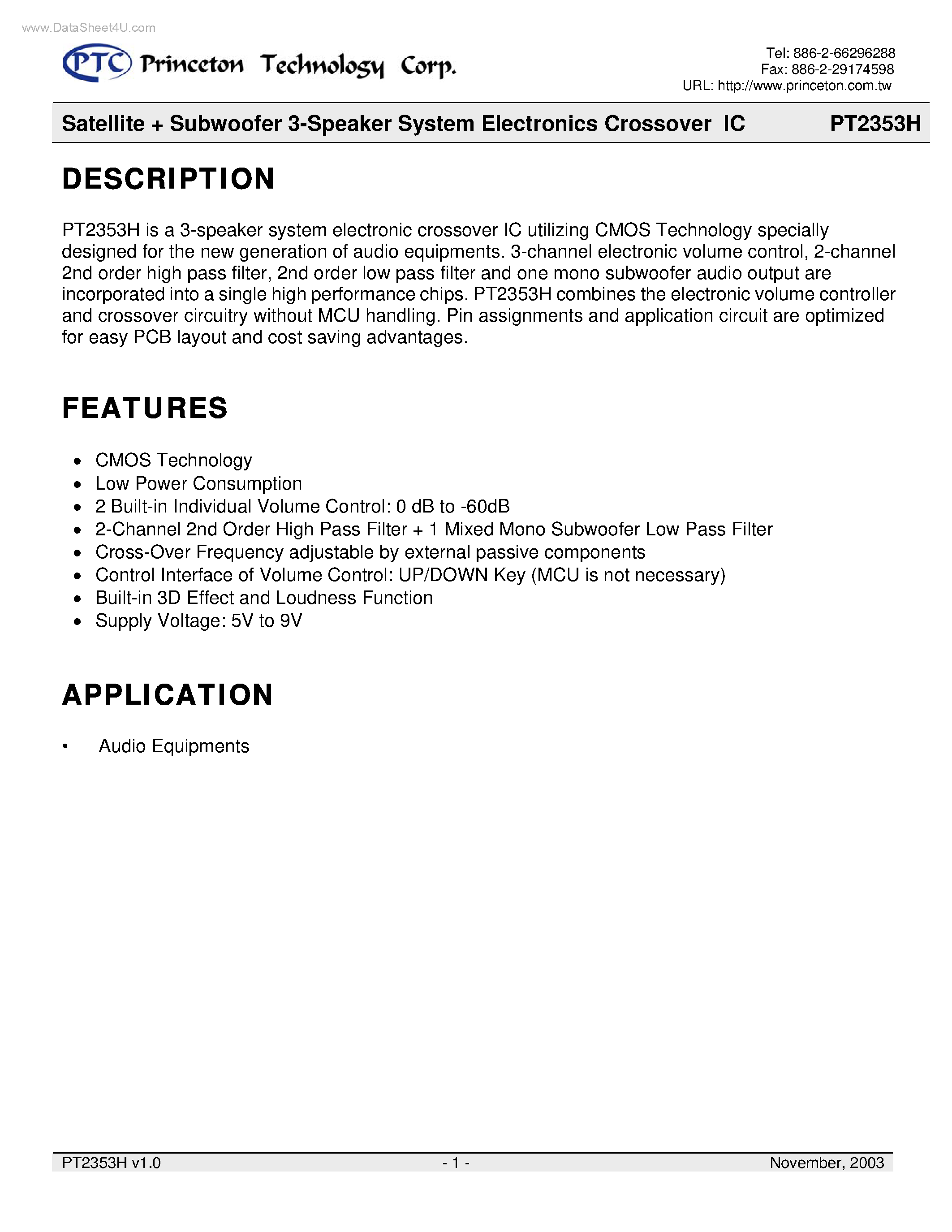 Datasheet PT2353H page 1 Datasheet PT2353H - Satellite + Subwoofer 3-Speaker System Electronics Crossover IC page 1