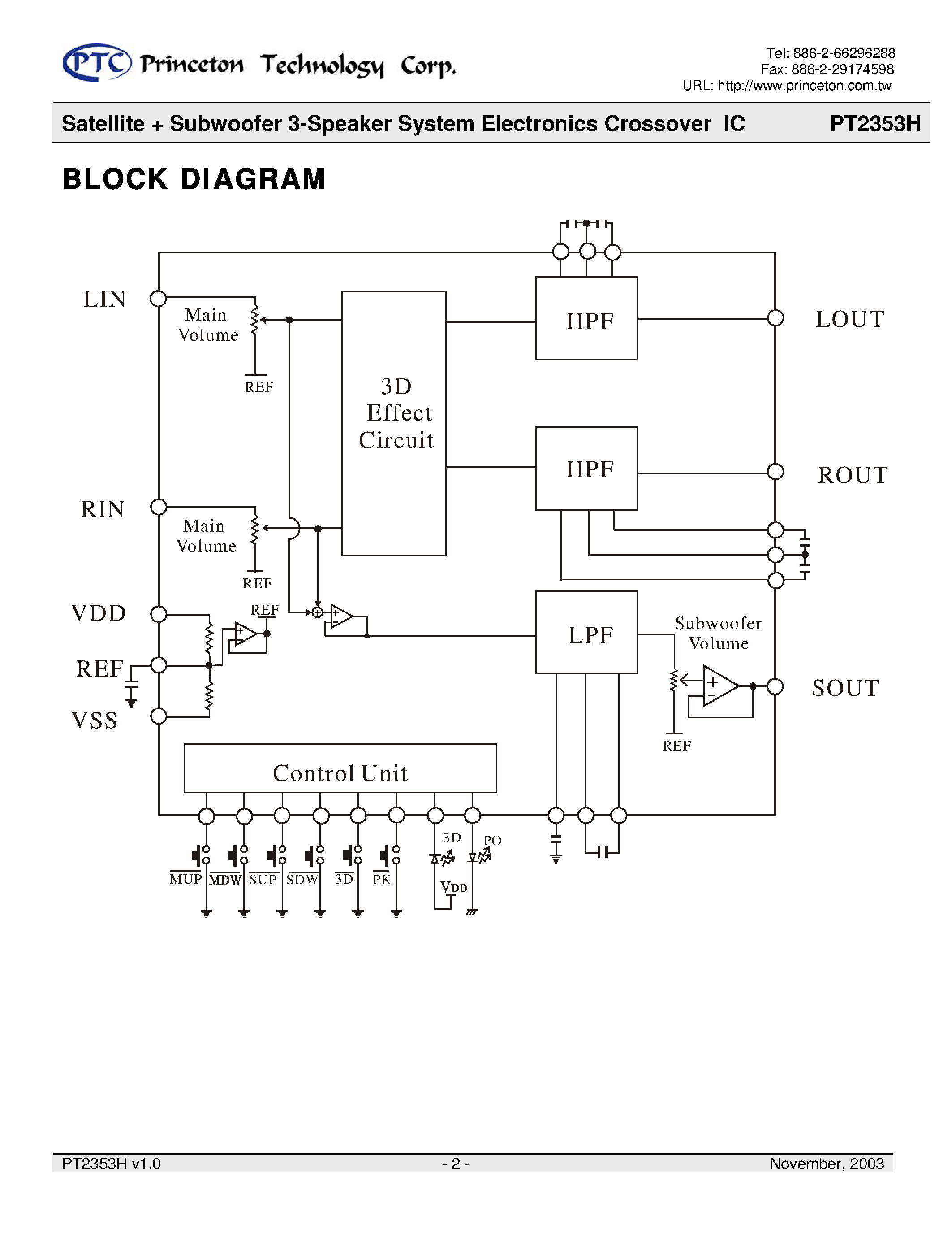 Datasheet PT2353H page 2 Datasheet PT2353H - Satellite + Subwoofer 3-Speaker System Electronics Crossover IC page 2