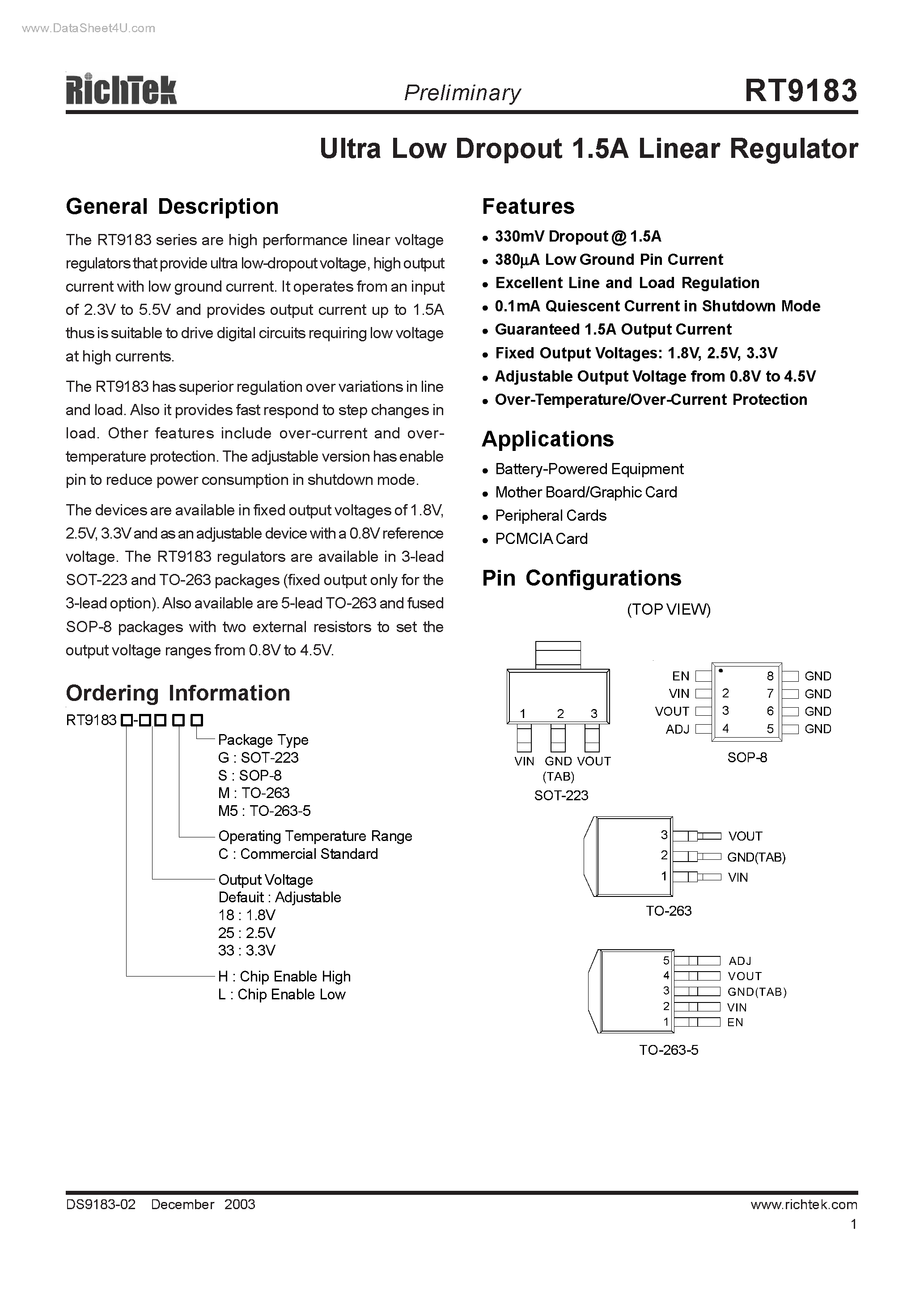Datasheet RT9183 page 1 Datasheet RT9183 - Ultra Low Dropout 1.5A Linear Regulator page 1