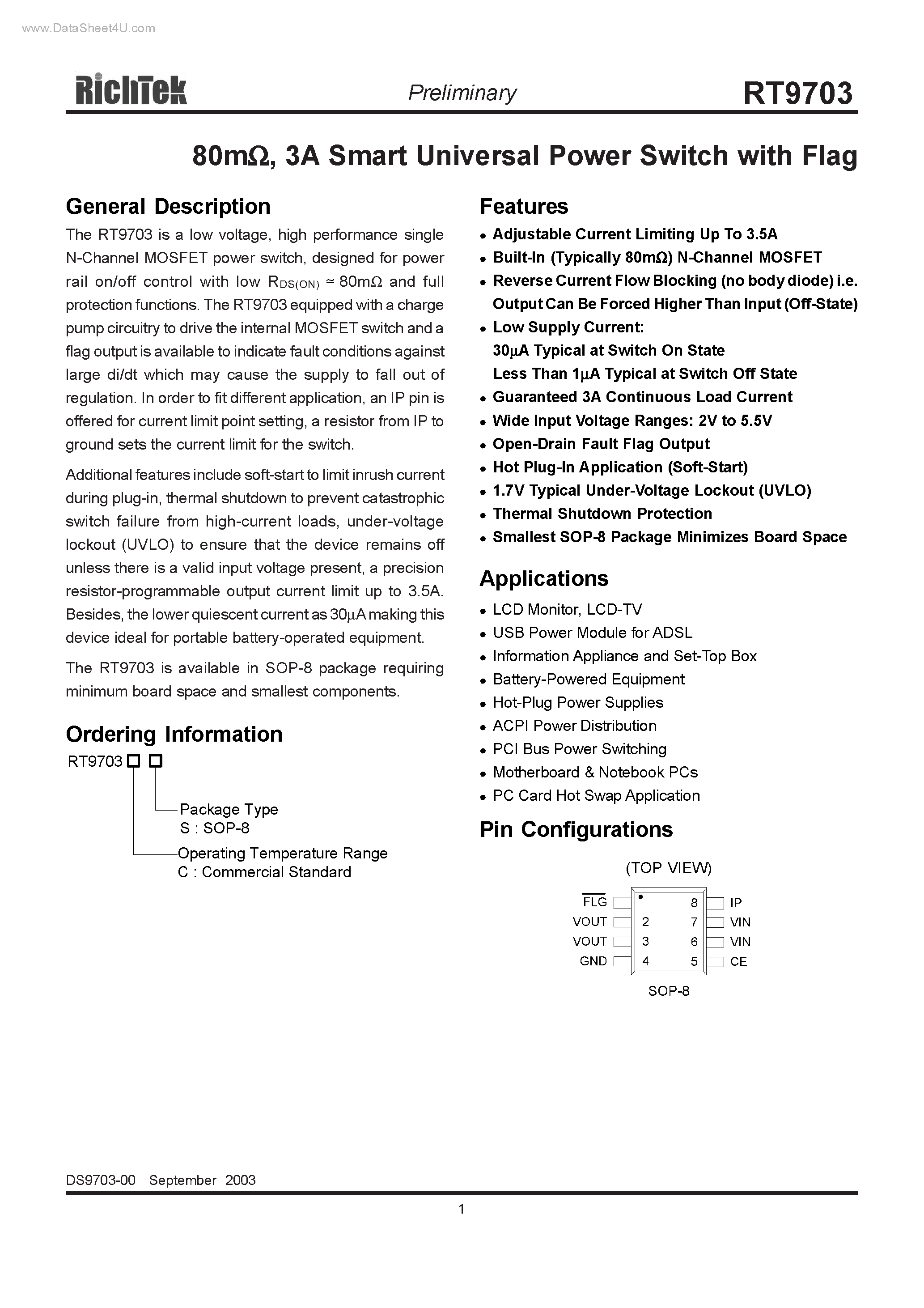 Datasheet RT9703 page 1 Datasheet RT9703 - Smart Universal Power Switch page 1