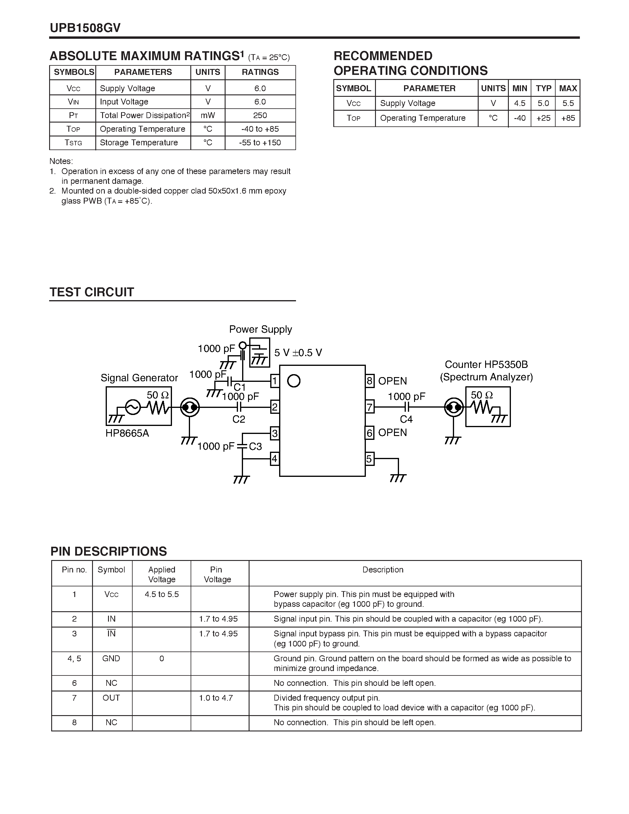Datasheet UPB1508GV page 2 Datasheet UPB1508GV - 3.0 GHz DIVIDE BY 2 PRESCALER page 2