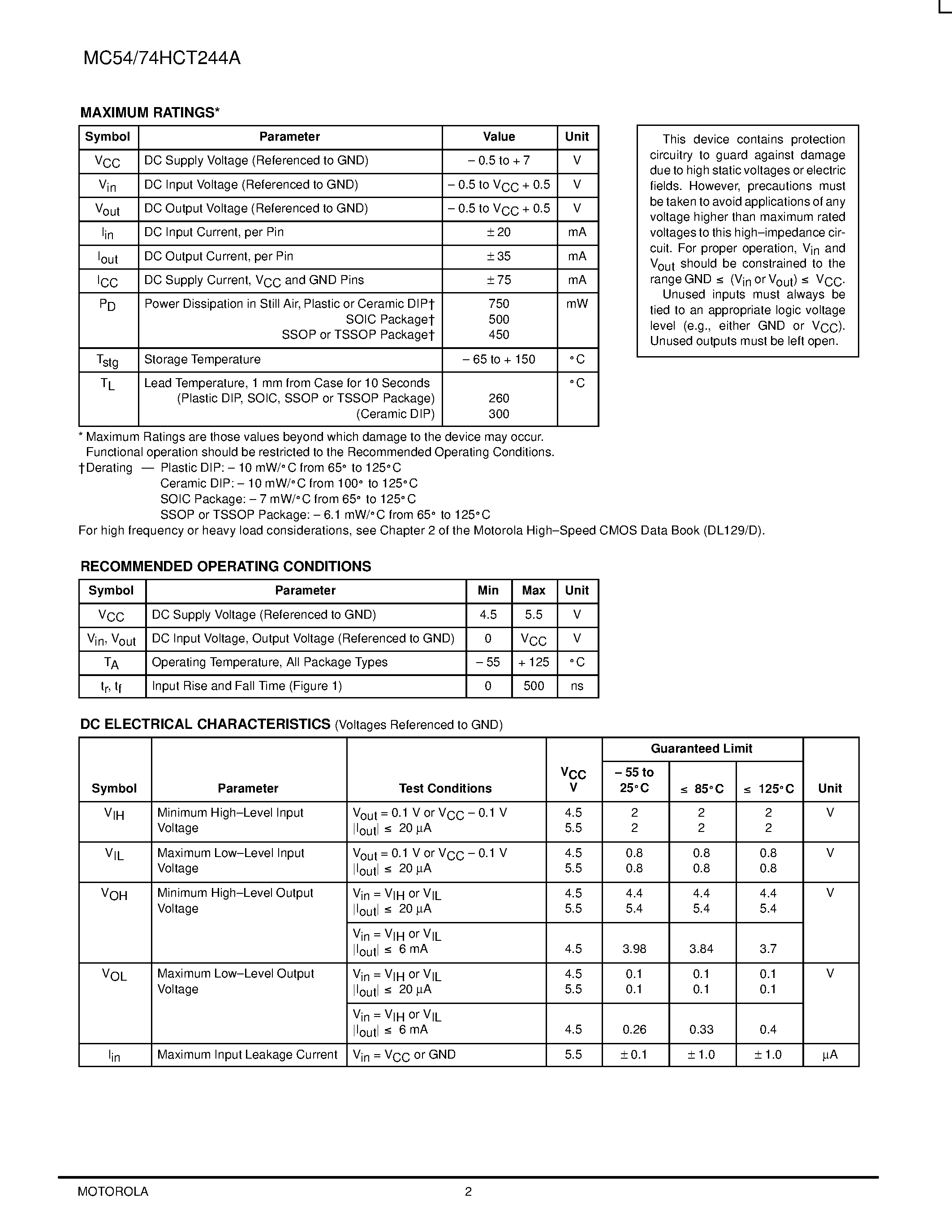 Даташит MC54HCT244A - Octal 3-State Noninverting Buffer/Line Driver/Line Receiver страница 2