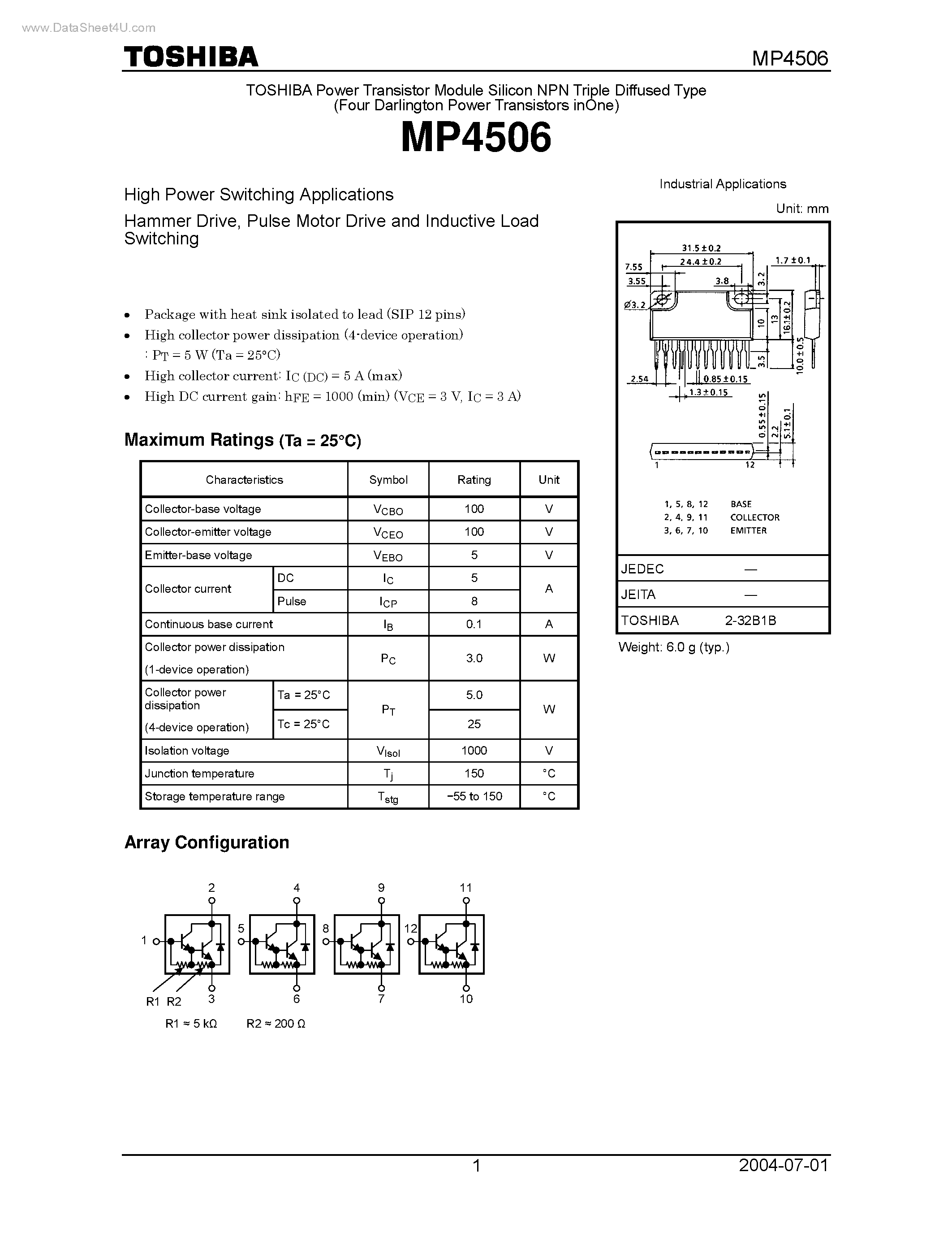 Datasheet MP4506 page 1 Datasheet MP4506 - Pulse Motor Drive and Inductive Load Switching page 1