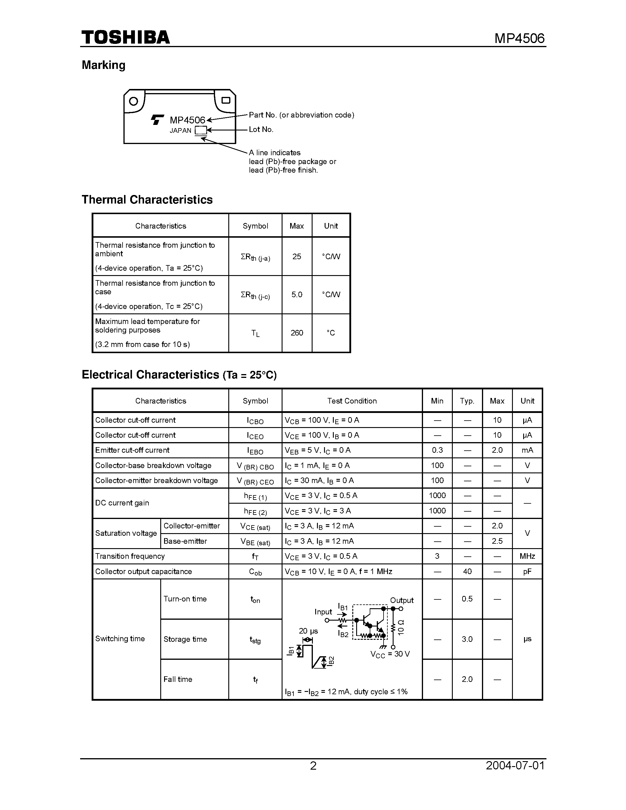 Datasheet MP4506 page 2 Datasheet MP4506 - Pulse Motor Drive and Inductive Load Switching page 2