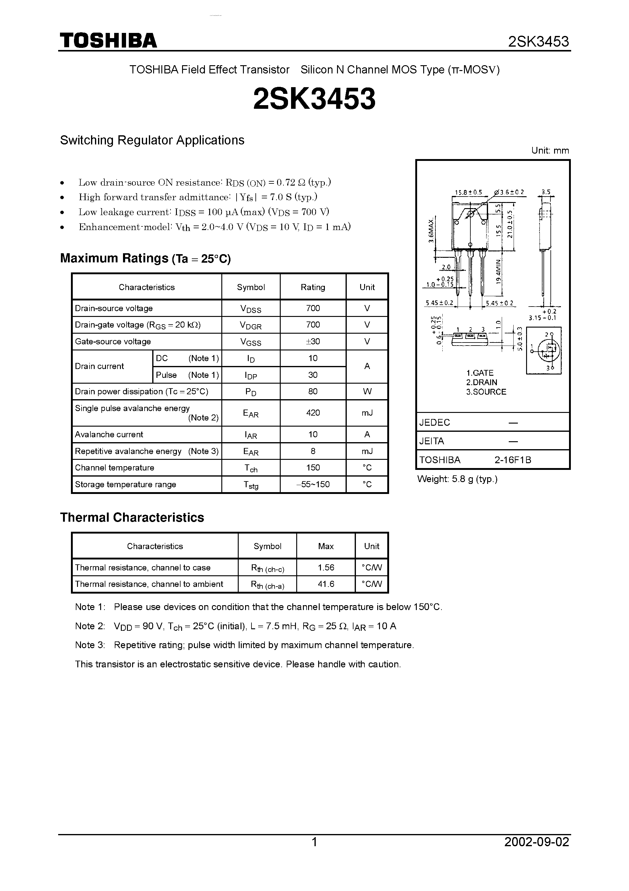 Даташит 2SK3453 - Switching Regulator Applications страница 1