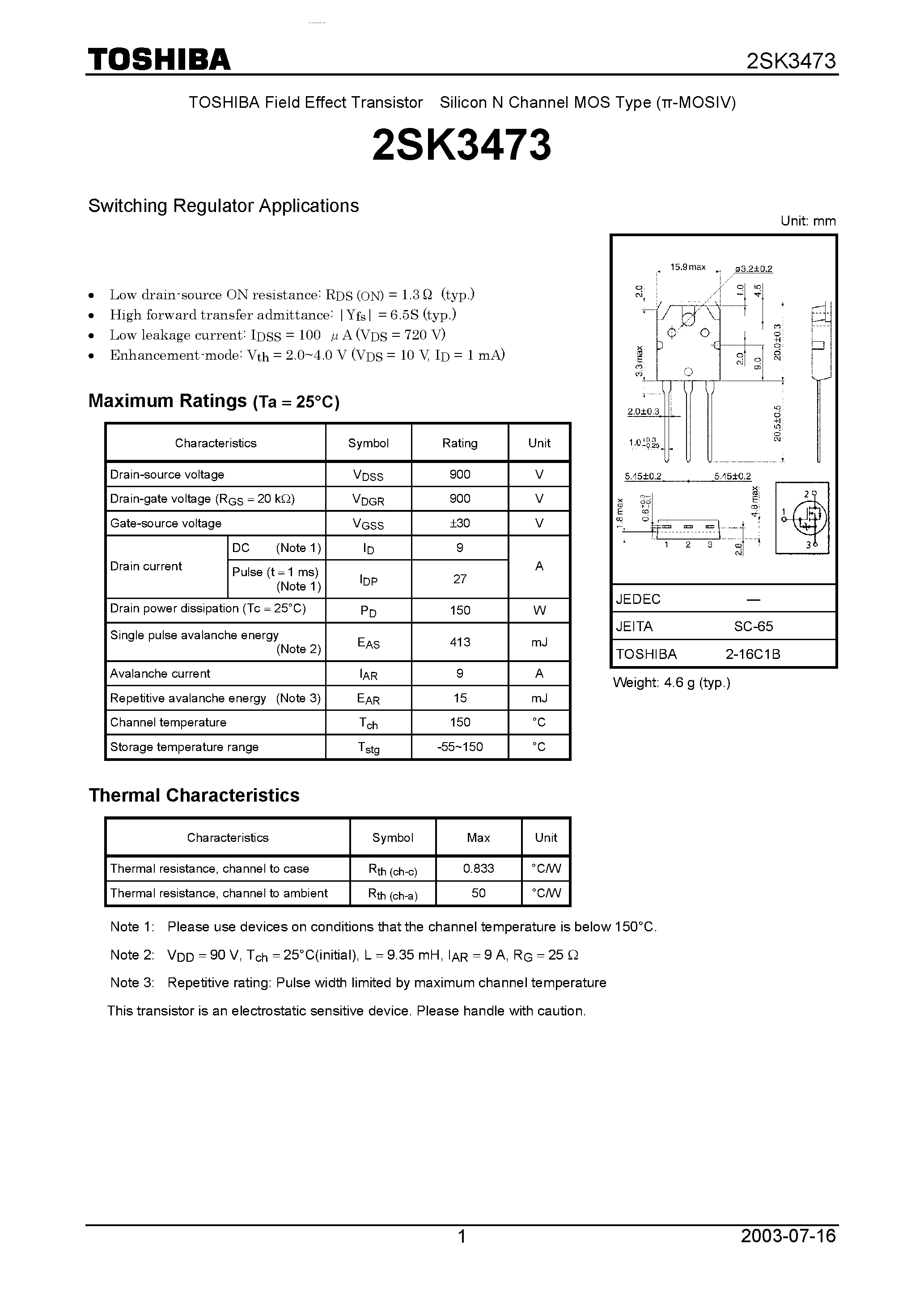 Даташит 2SK3473 - Switching Regulator Applications страница 1