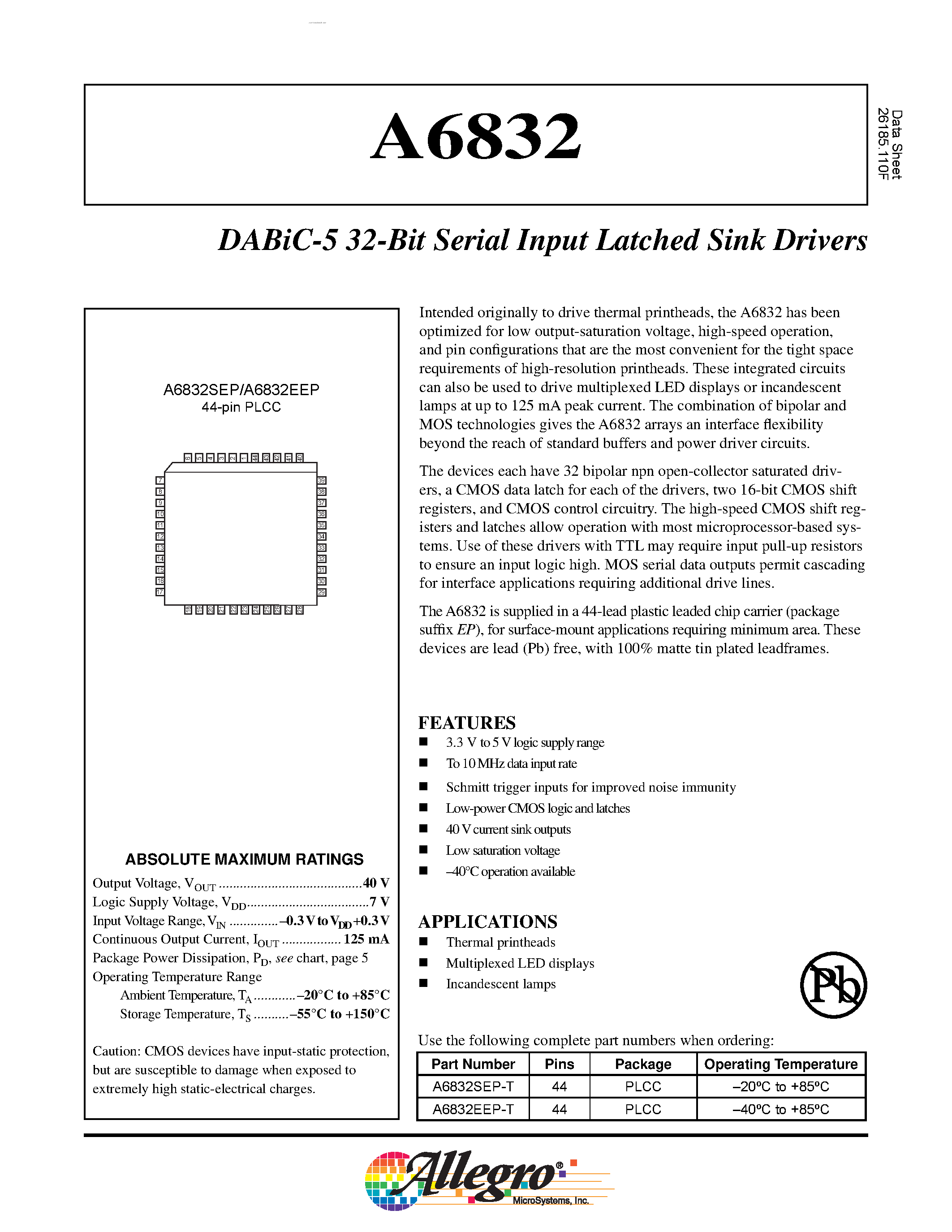 Datasheet A6832 - DABiC-5 32-Bit Serial Input Latched Sink Drivers page 1