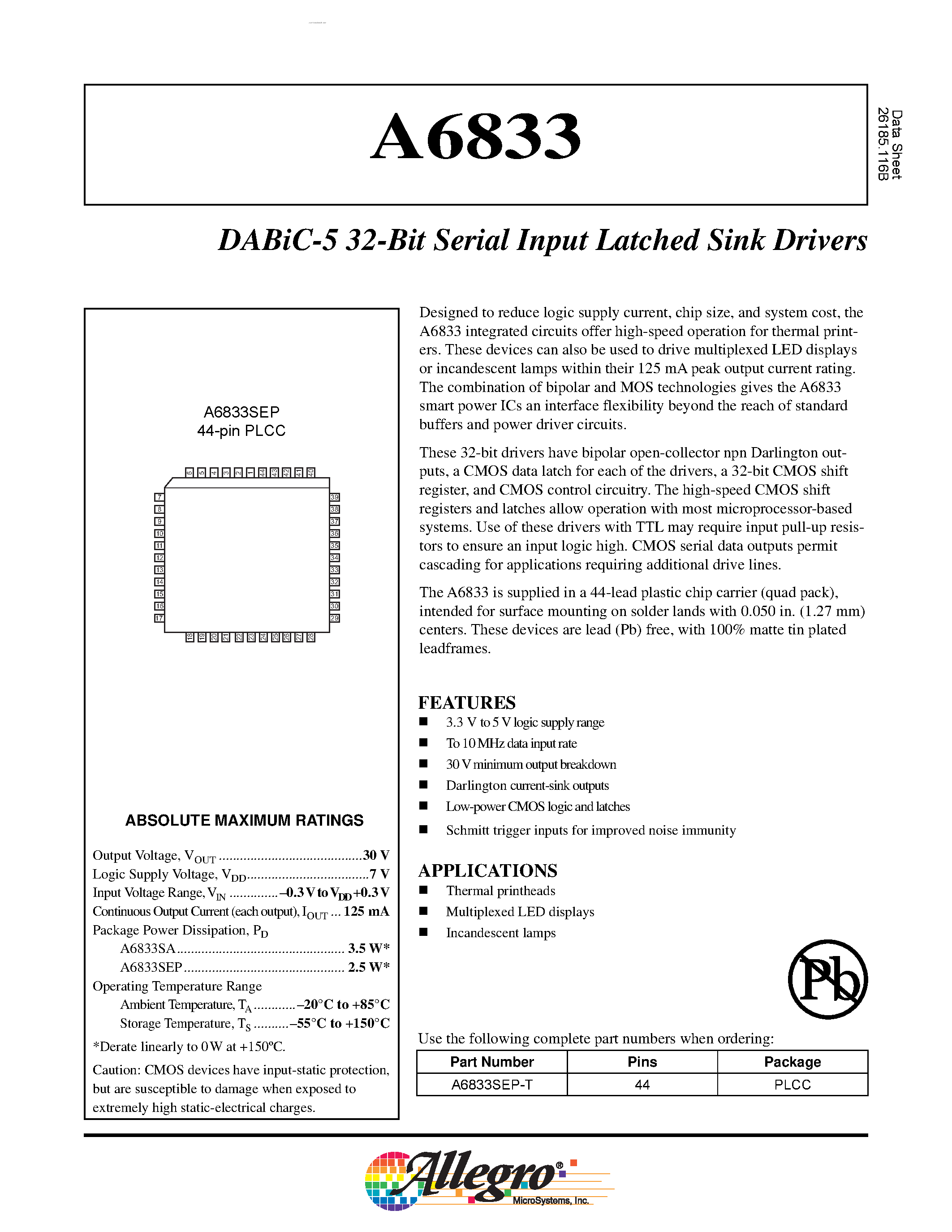 Datasheet A6833 - DABiC-5 32-Bit Serial Input Latched Sink Drivers page 1