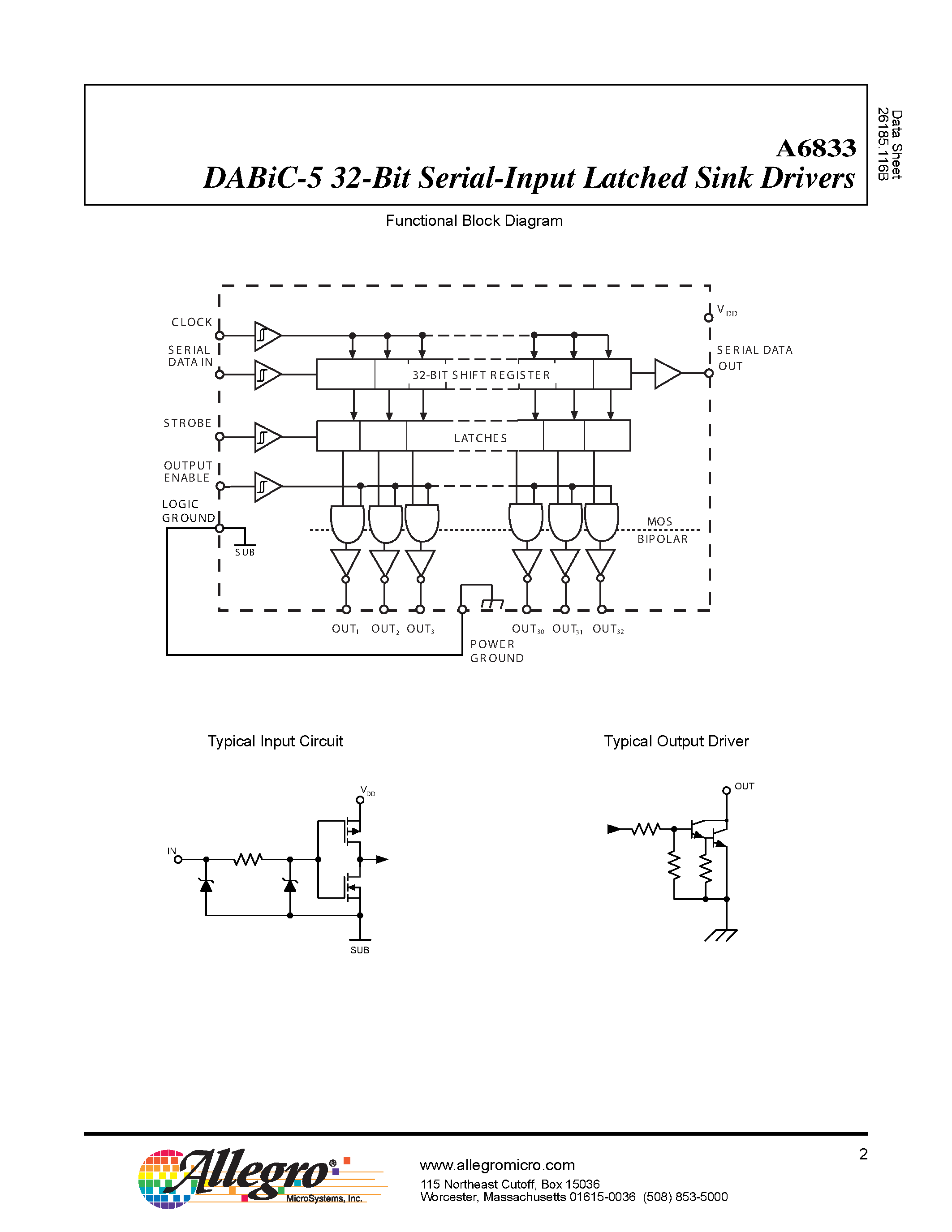 Datasheet A6833 - DABiC-5 32-Bit Serial Input Latched Sink Drivers page 2