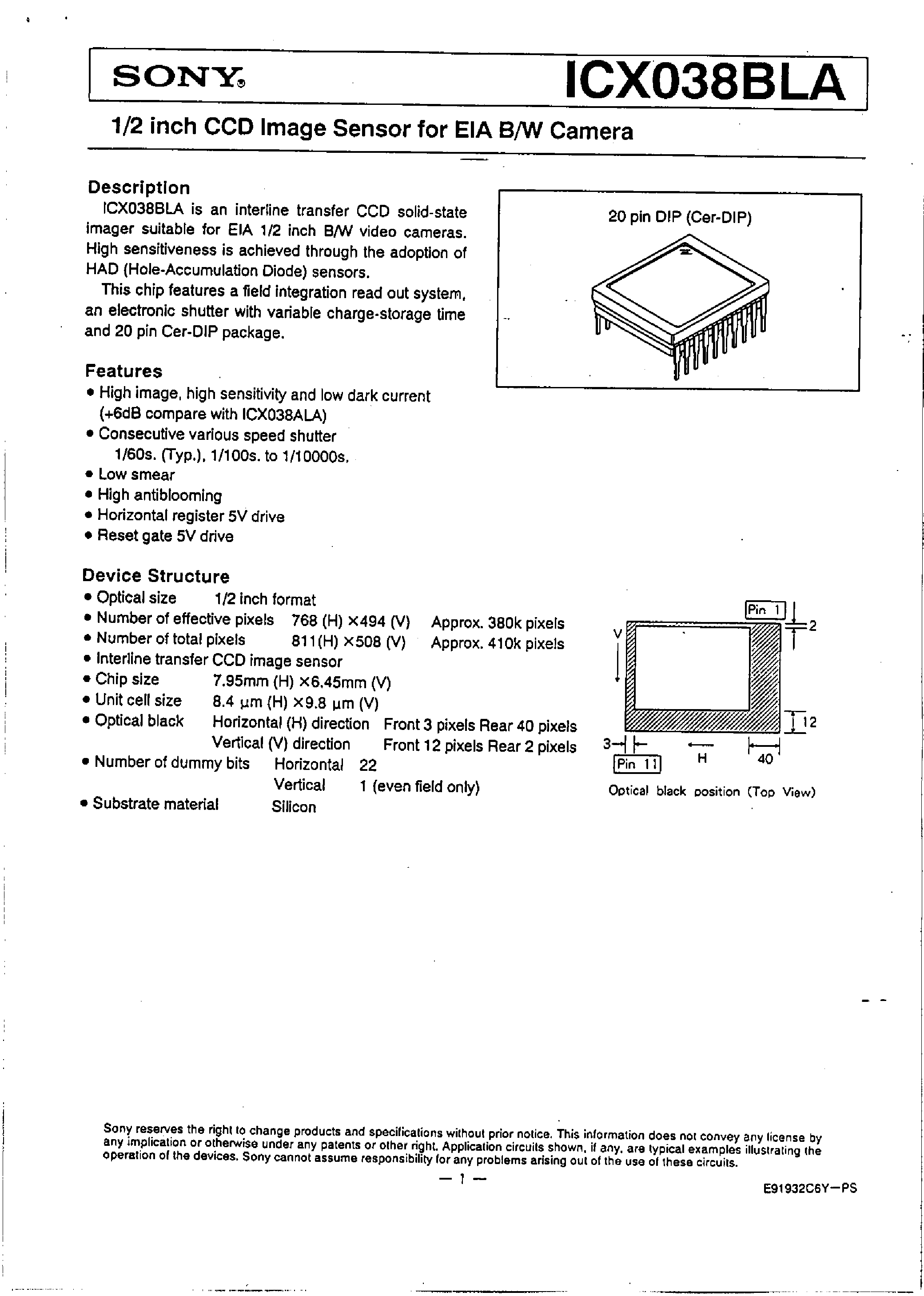 Datasheet ICX038BLA page 1 Datasheet ICX038BLA - 1/2 inch CCD Image Sensor page 1