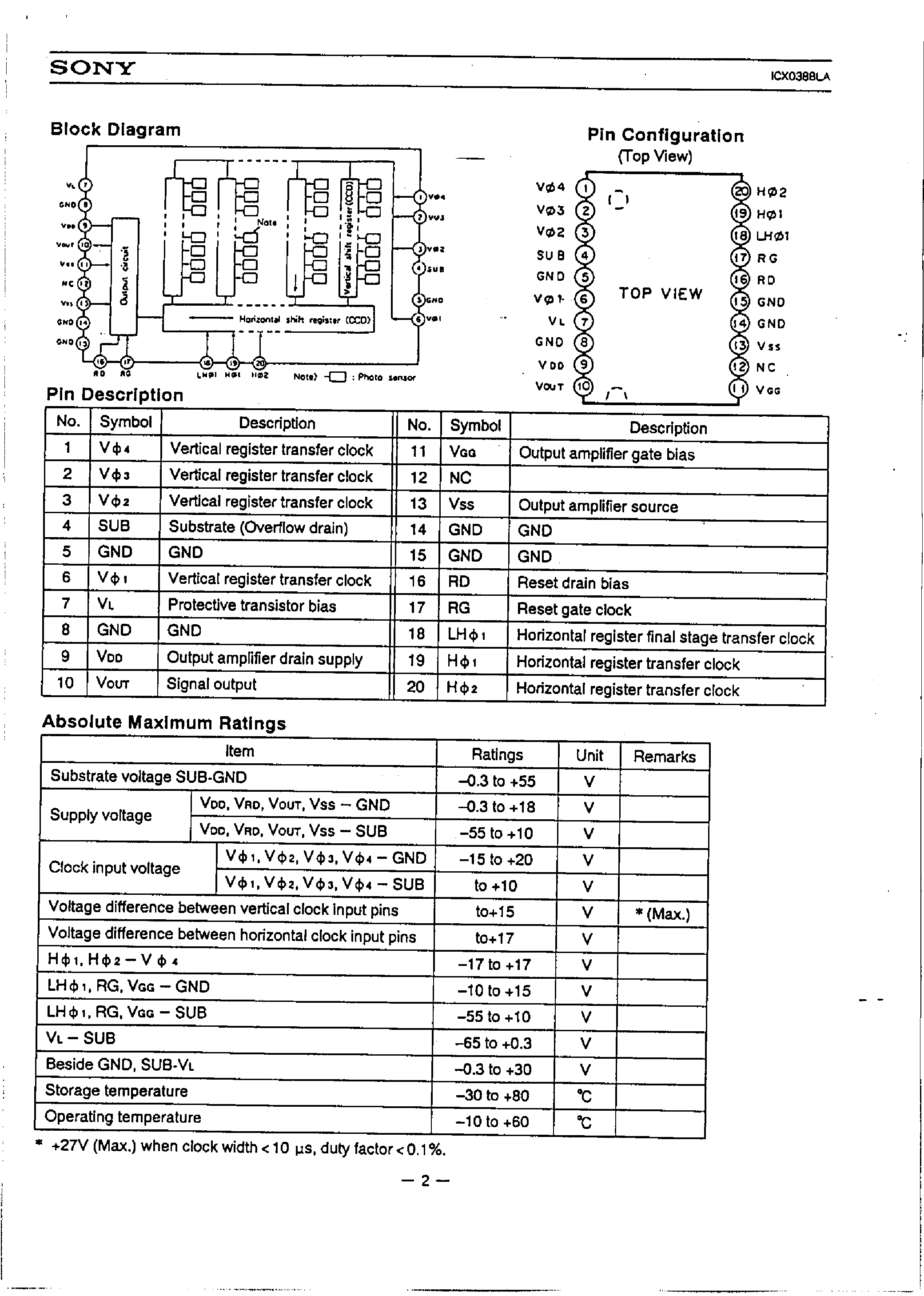 Datasheet ICX038BLA page 2 Datasheet ICX038BLA - 1/2 inch CCD Image Sensor page 2