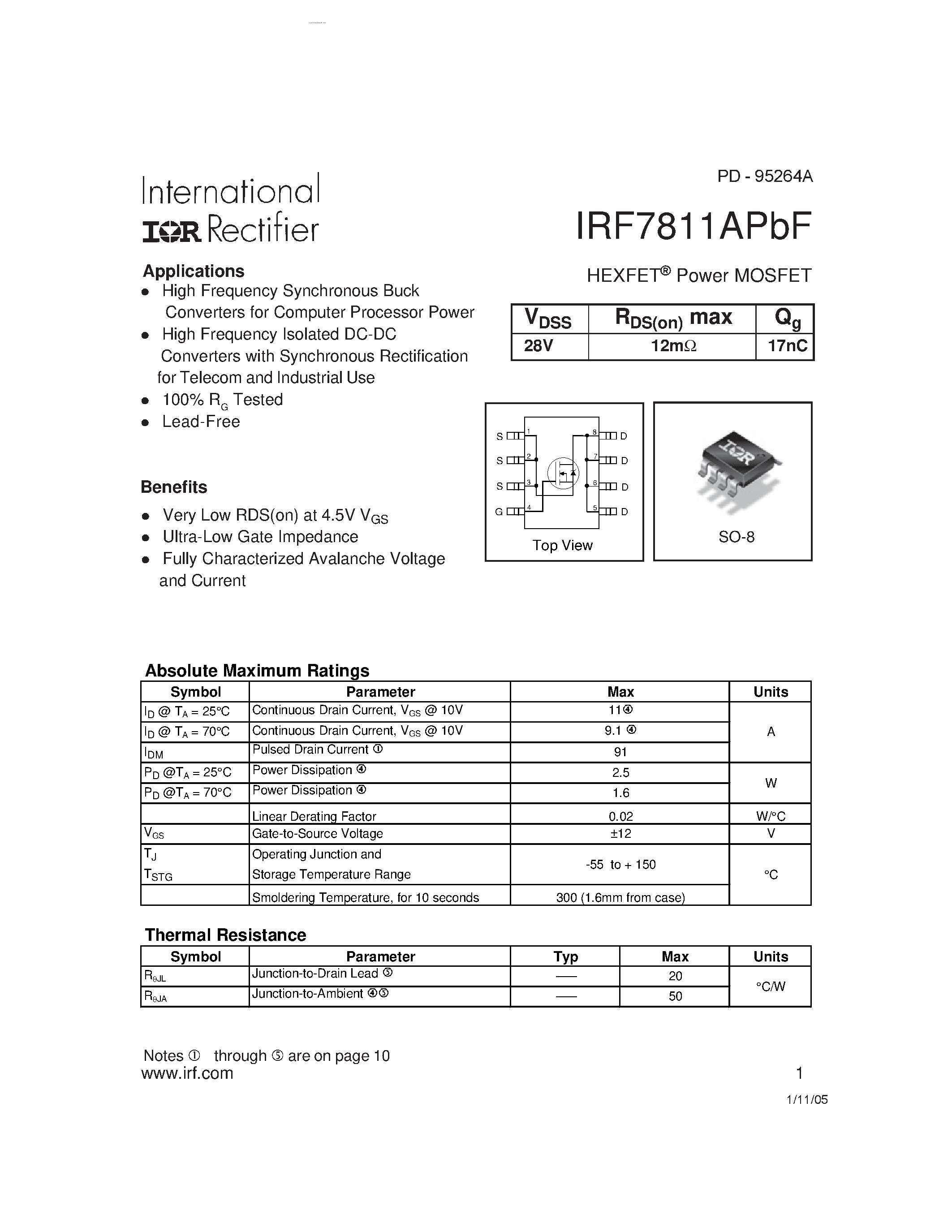 Datasheet IRF7811APBF - HEXFET Power MOSFET page 1