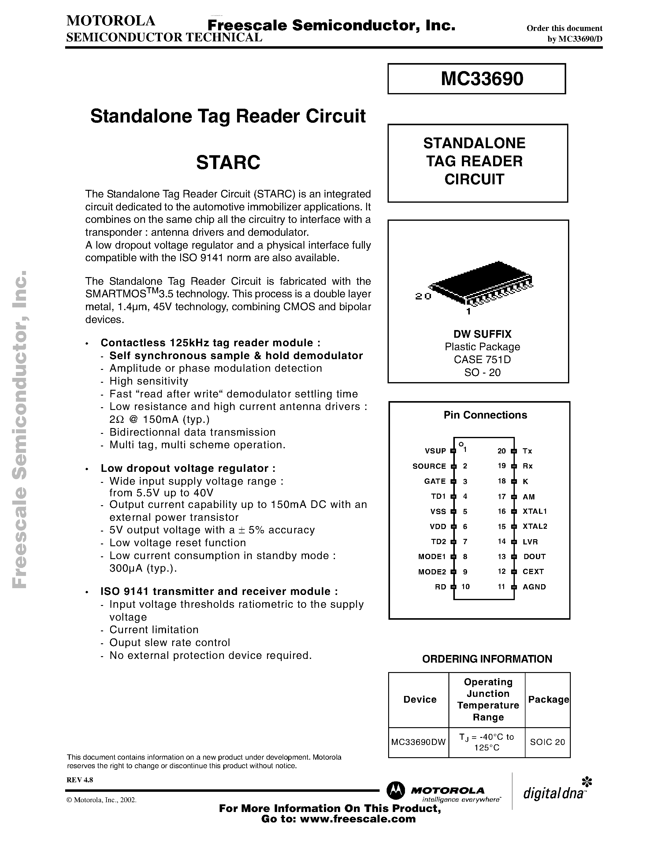 Datasheet MC33690 page 1 Datasheet MC33690 - Standalone Tag Reader Circuit page 1