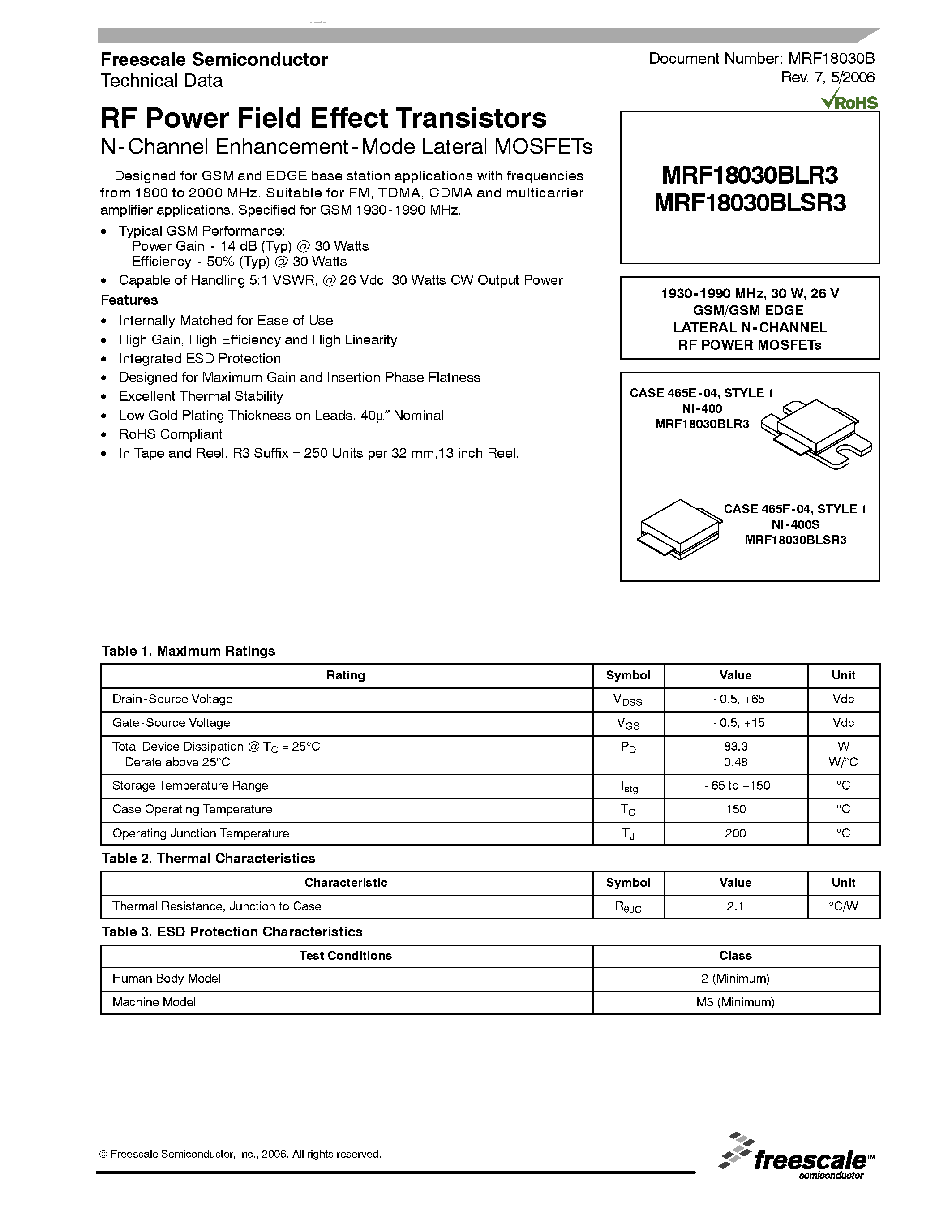 Datasheet MRF18030BLR3 - RF Power Field Effect Transistors N-Channel Enhancement-Mode Lateral MOSFETs page 1