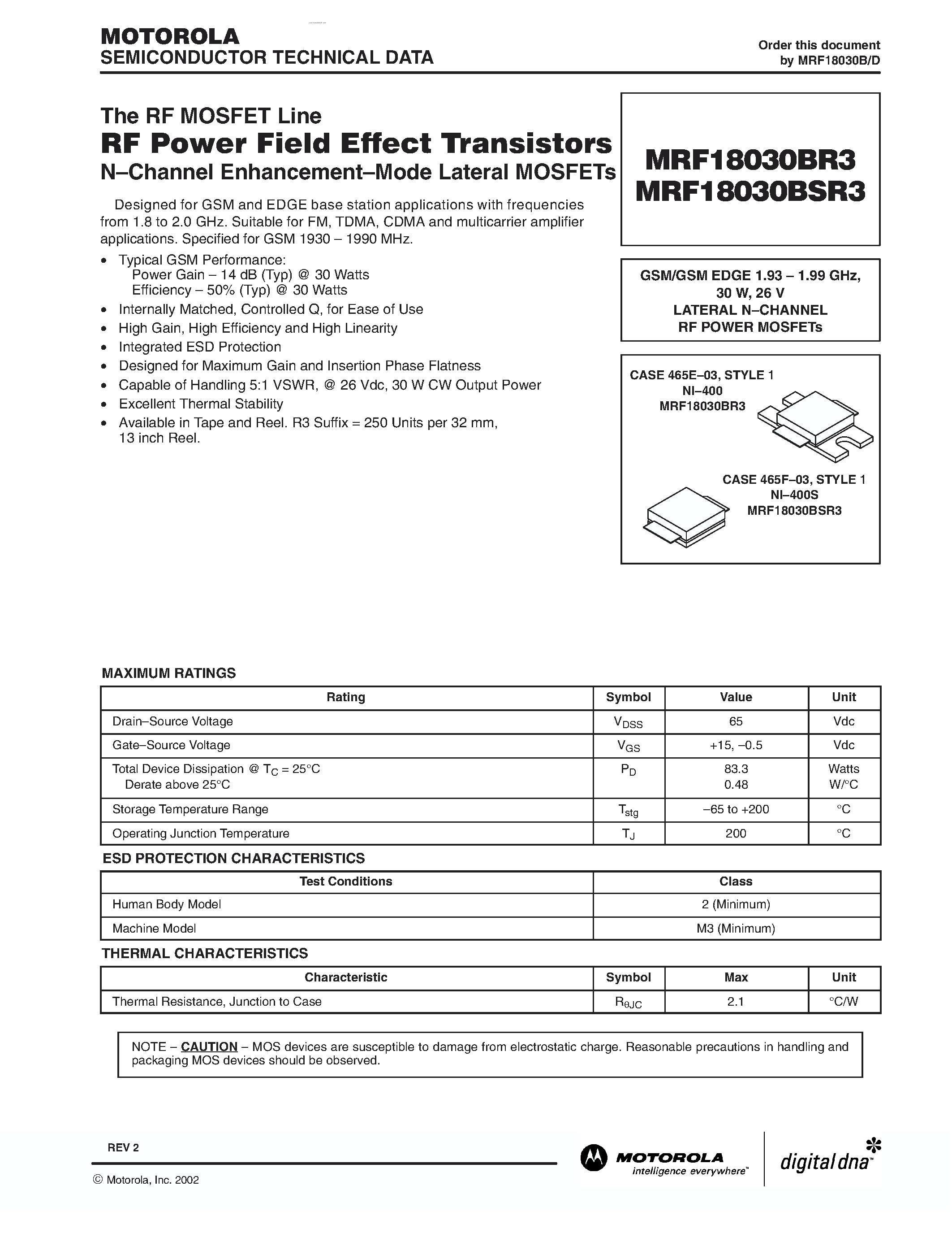 Datasheet MRF18030BR3 - THE RF MOSFET LINE RF POWER FIELD EFFECT TRANSISTORS N - CHANNEL ENHANCEMENT - MODE LATERAL MOSFETS page 1